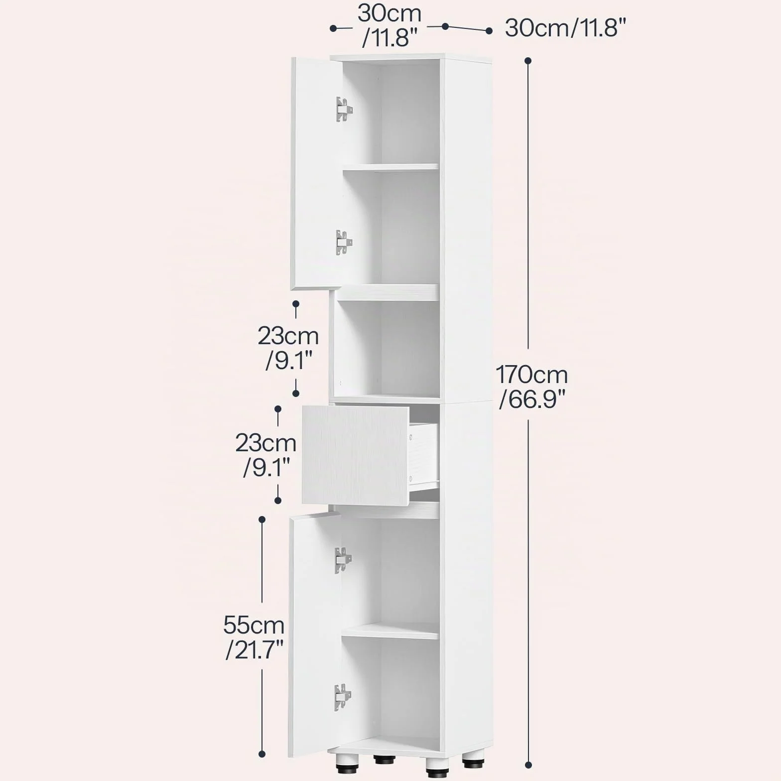 HOOBRO Armario de Baño de 30 x 30 x 170 cm, Puertas y Estantes Interiores Ajustables, 1 Compartimento Abierto y 1 Cajón, para Espacios Reducidos, Baño, Pasillo y Cocina, Acabado en Blanco EWW22BC01