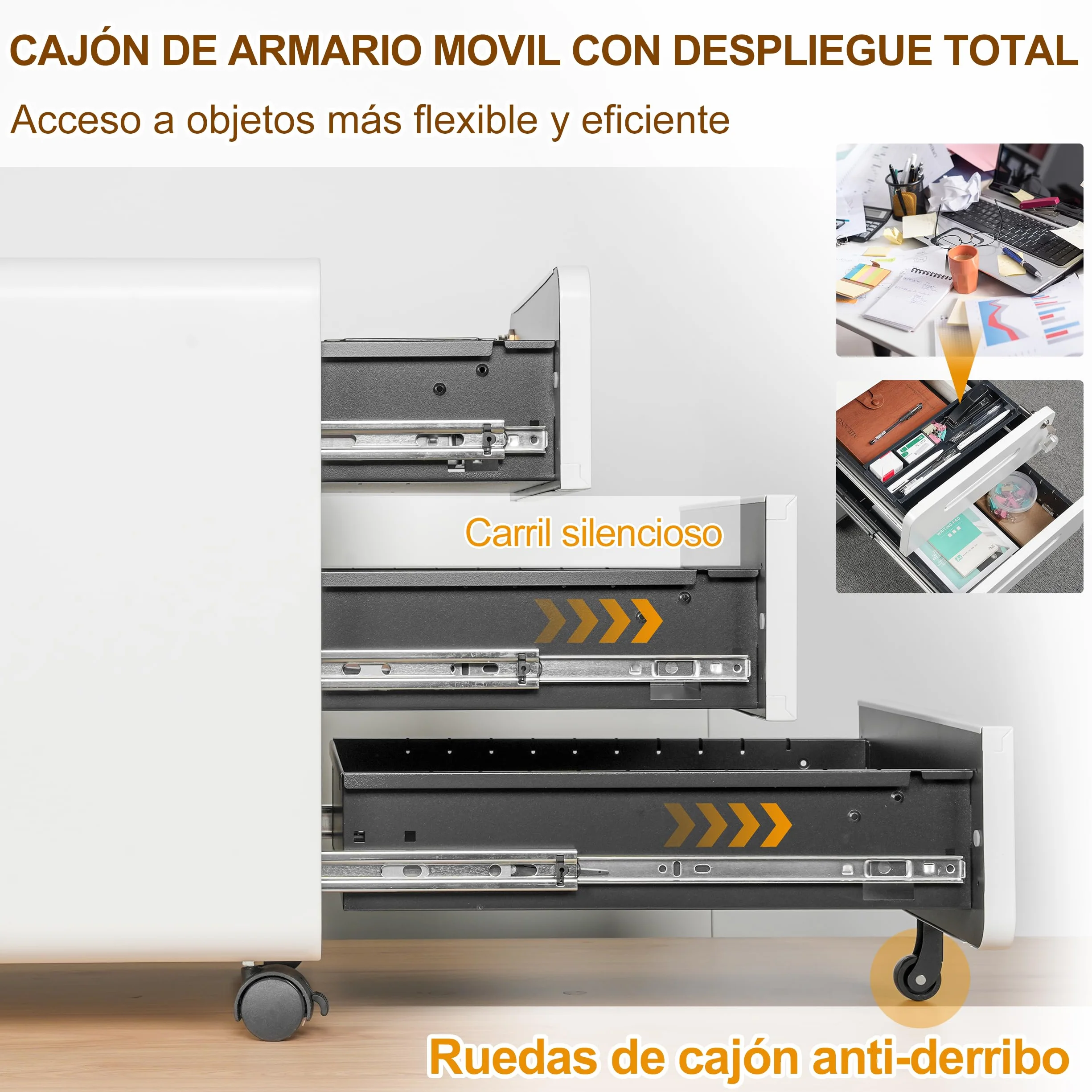 Cajonera Móvil con 3 Cajones, Archivador de Oficina con Ruedas, Diseño de Esquinas Redondeadas, Completamente Ensamblado, con Cerradura y 4 Llaves, Blanco