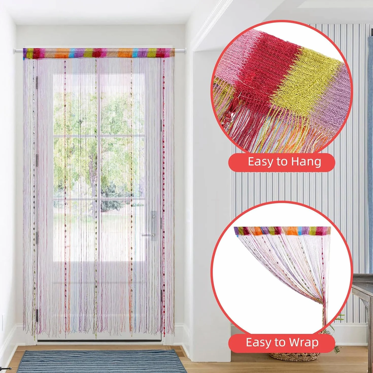 Cortina de hilos brillantes arcoíris para decoración de puerta y fondo, mosquitera con cuentas brillantes para patio, fiestas y fondos de fotos, 91 cm x 200 cm