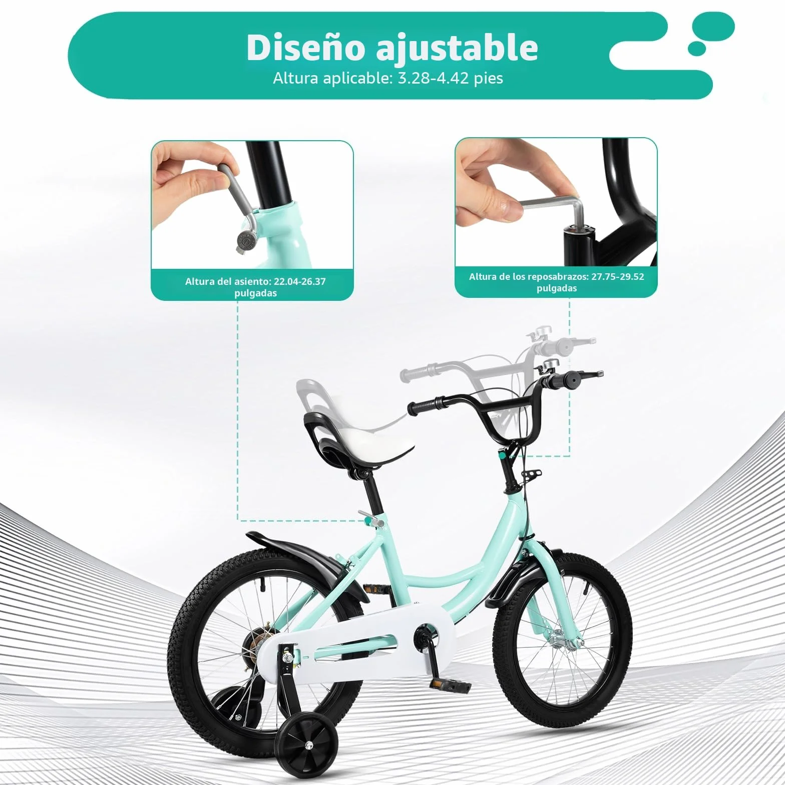 Bicicleta infantil 16 pulgadas con ruedas estabilizadoras para niños niñas 5-8 años sillín manillar ajustable doble freno guardabarros timbre