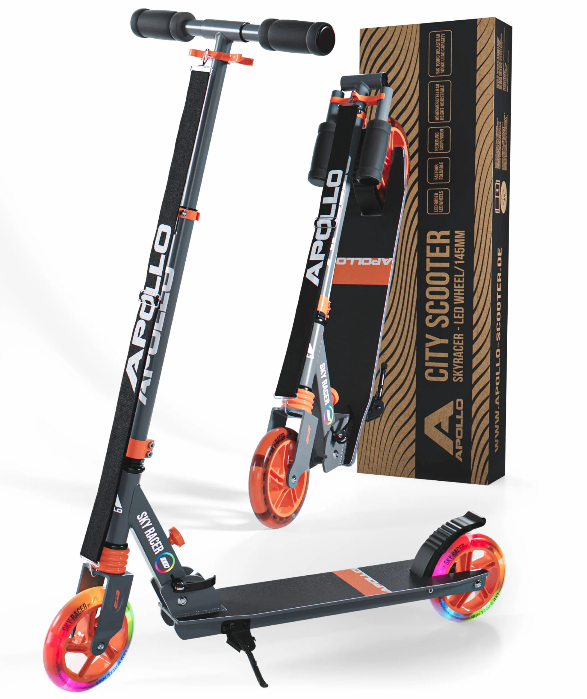 Apollo Skyracer Patinete Niño Ruedas LED 145 mm Suspensión Plegable Regulable Altura