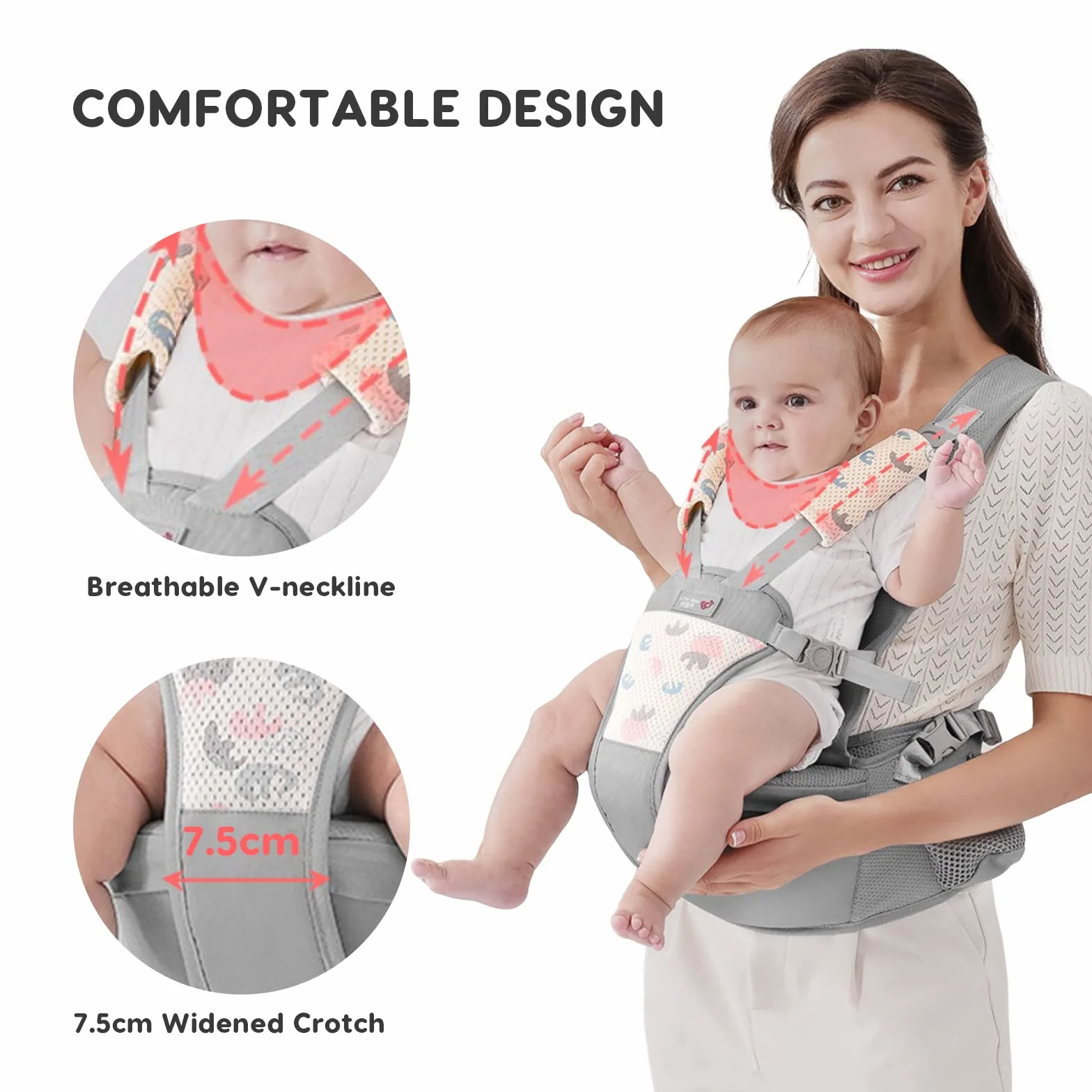 SONARIN Portabebés Asiento de Cadera Ergonómico Multifuncional Mochila Portabebés Transpirable para Recién Nacidos 0-36 Meses Gris