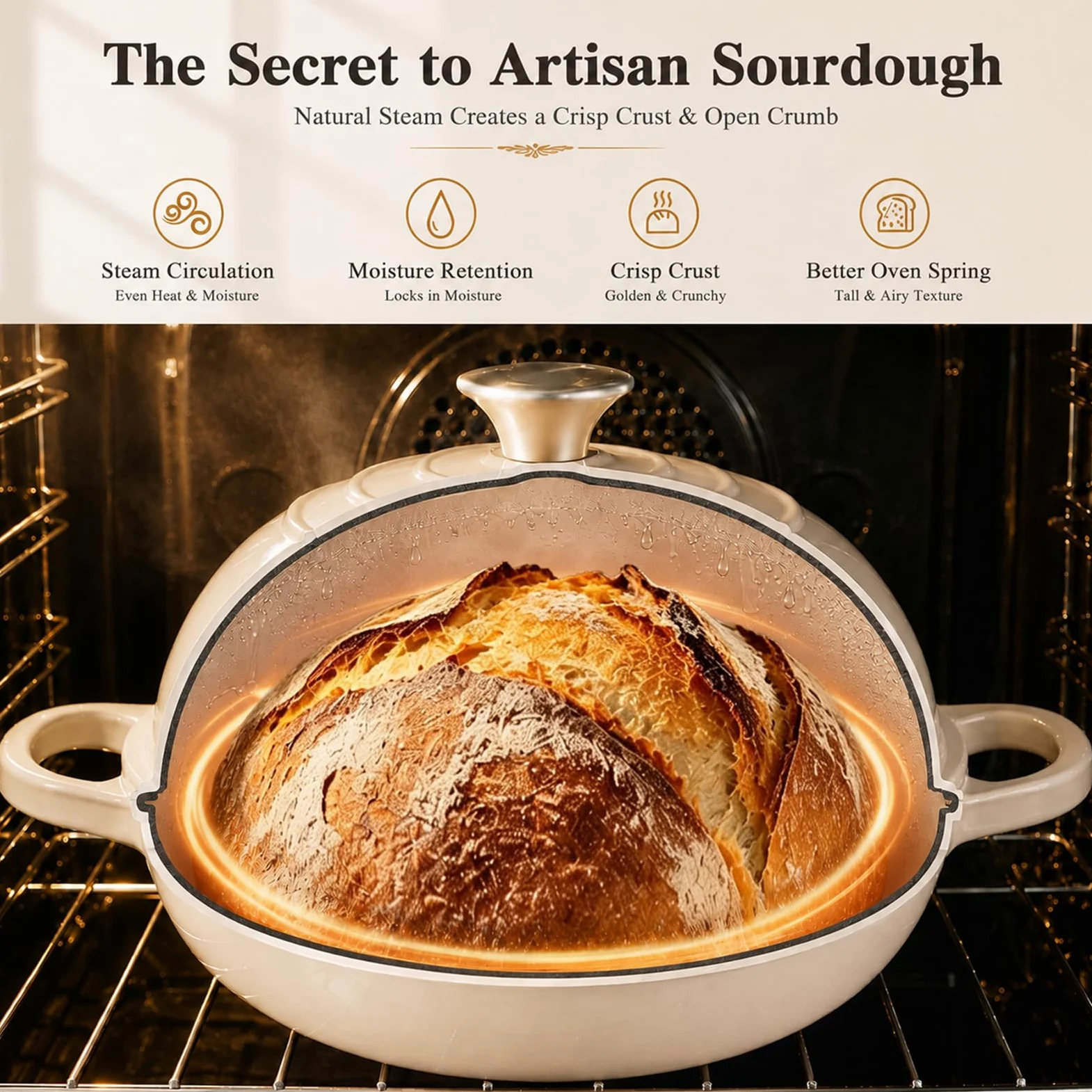 AHJ Olla de Hierro Fundido para Hornear Pan,26cm Dutch Oven | 5,7L Cacerola Holandesa de Esmaltado,Olla para pan con Cesta de Fermentación,para Cocinar,Hornear,Estofar y Asar (Blanco)