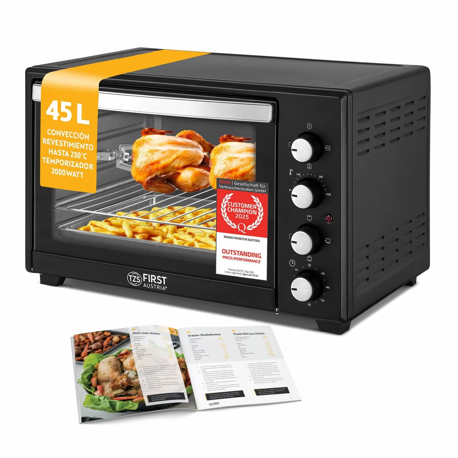 TZS First Austria - Mini Horno 45L 2000W - Minihorno para pizza hasta 230°C y revestimiento antiadherente - Con temporizador 60 min, 4 alturas de inserción, bandeja, rejilla y asador giratorio