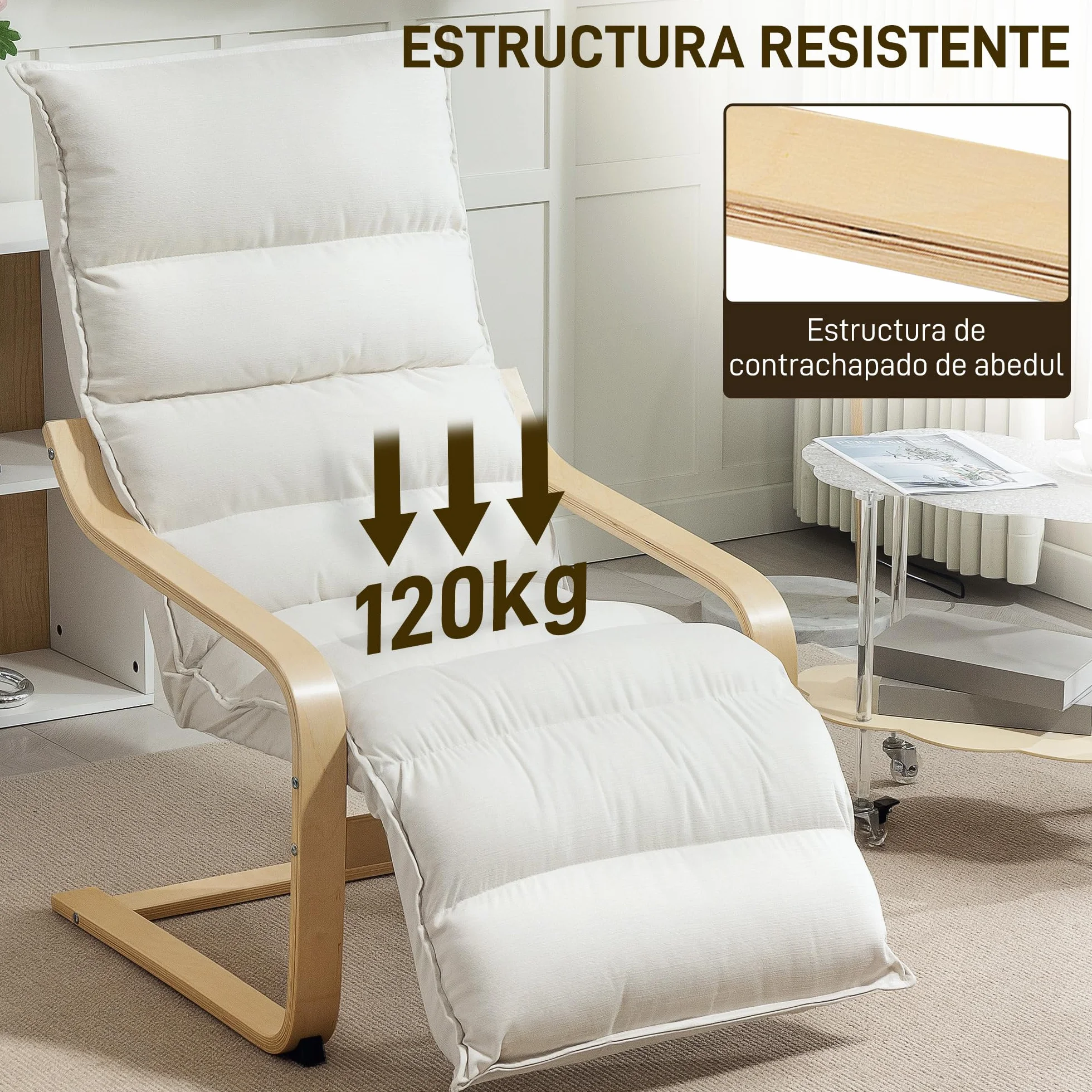 HOMCOM Sillón de Salón con Reposapiés Ajustable, Butaca de Salón Tapizada en Terciopelo, Marco de Madera, Sillón de Relax para Dormitorio, Oficina, Estudio, 67x93x105 cm, Crema