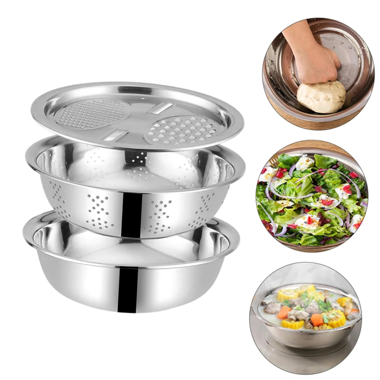 Colador de Verduras y Frutas de Acero Inoxidable 3 Piezas Diseño de Drenaje Adecuado para Cocina y Amasado Estilo Aleatorio