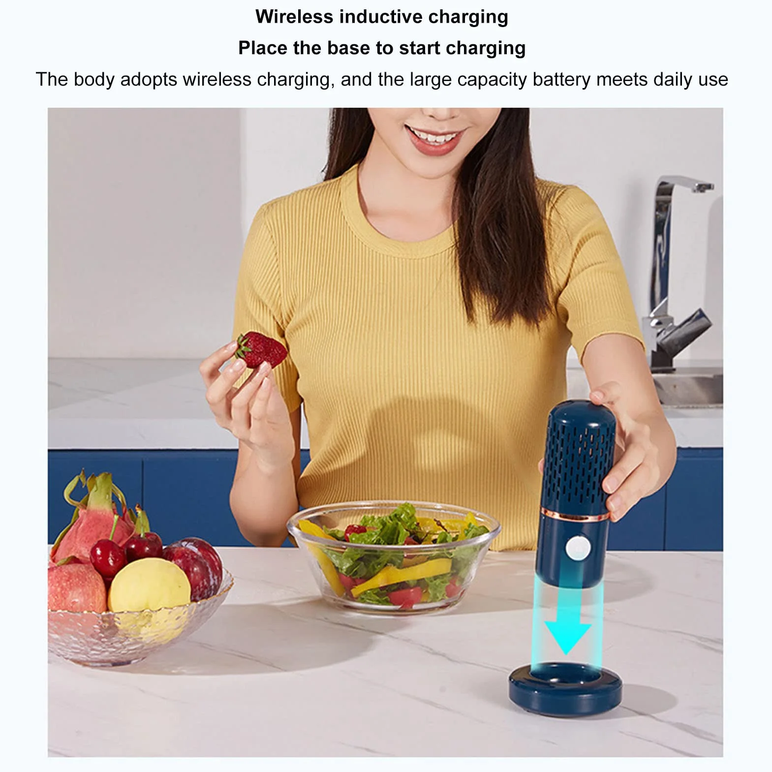 Lavadora y Purificador Portátil de Frutas y Verduras, Forma de Cápsula Mini, Carga USB Inalámbrica (Azul)