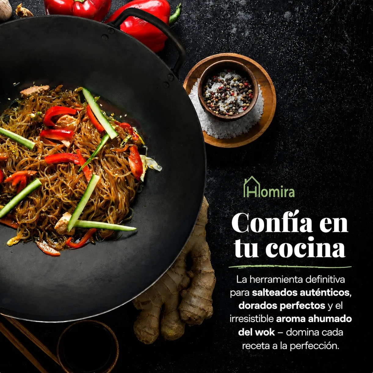 Homira Wok de Acero al Carbono de 36 cm, Martillado a Mano, Fondo Plano y Mango de Madera – Sartén Wok Tradicional sin PFAS para Inducción, Gas, Vitrocerámica, Barbacoa y Exterior (Fondo Plano)