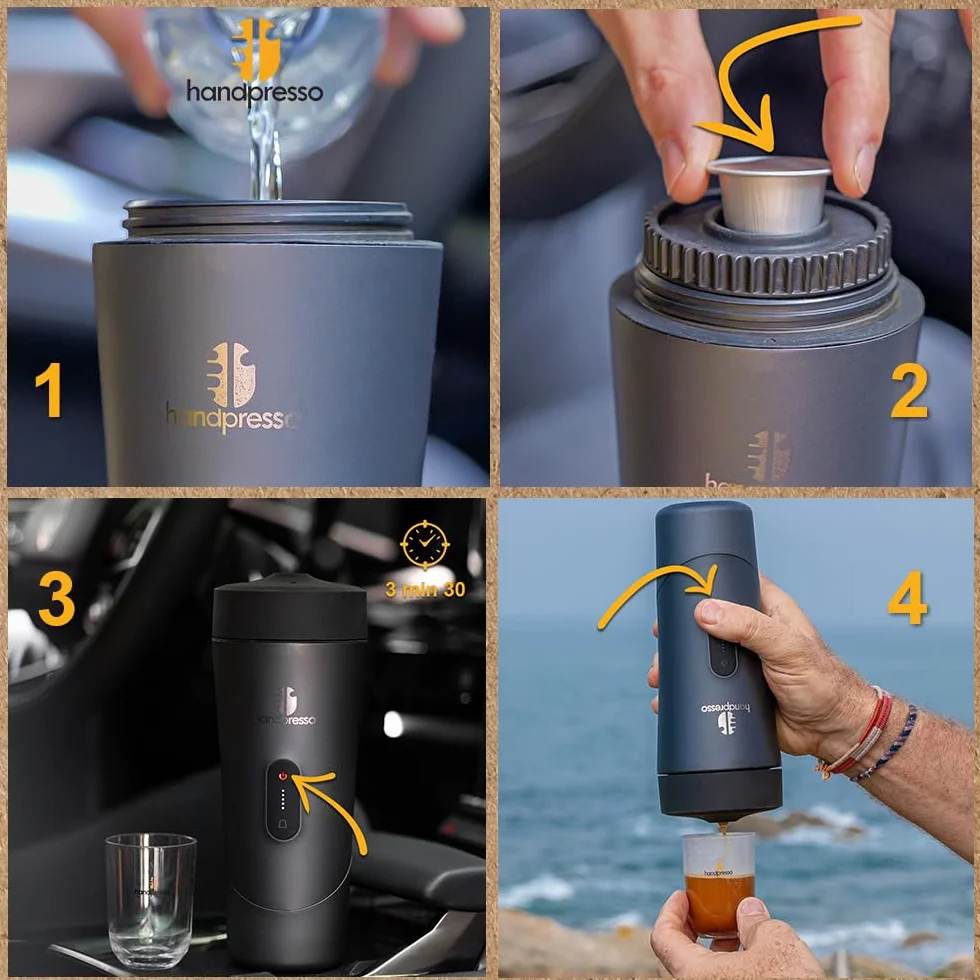 Handpresso Auto | cafetera a batería - USB/C | cafetera de viaje premium para coche, furgoneta y uso outdoor | funciona con cápsulas espresso compatibles y recargables | prepara Espresso y Lungo