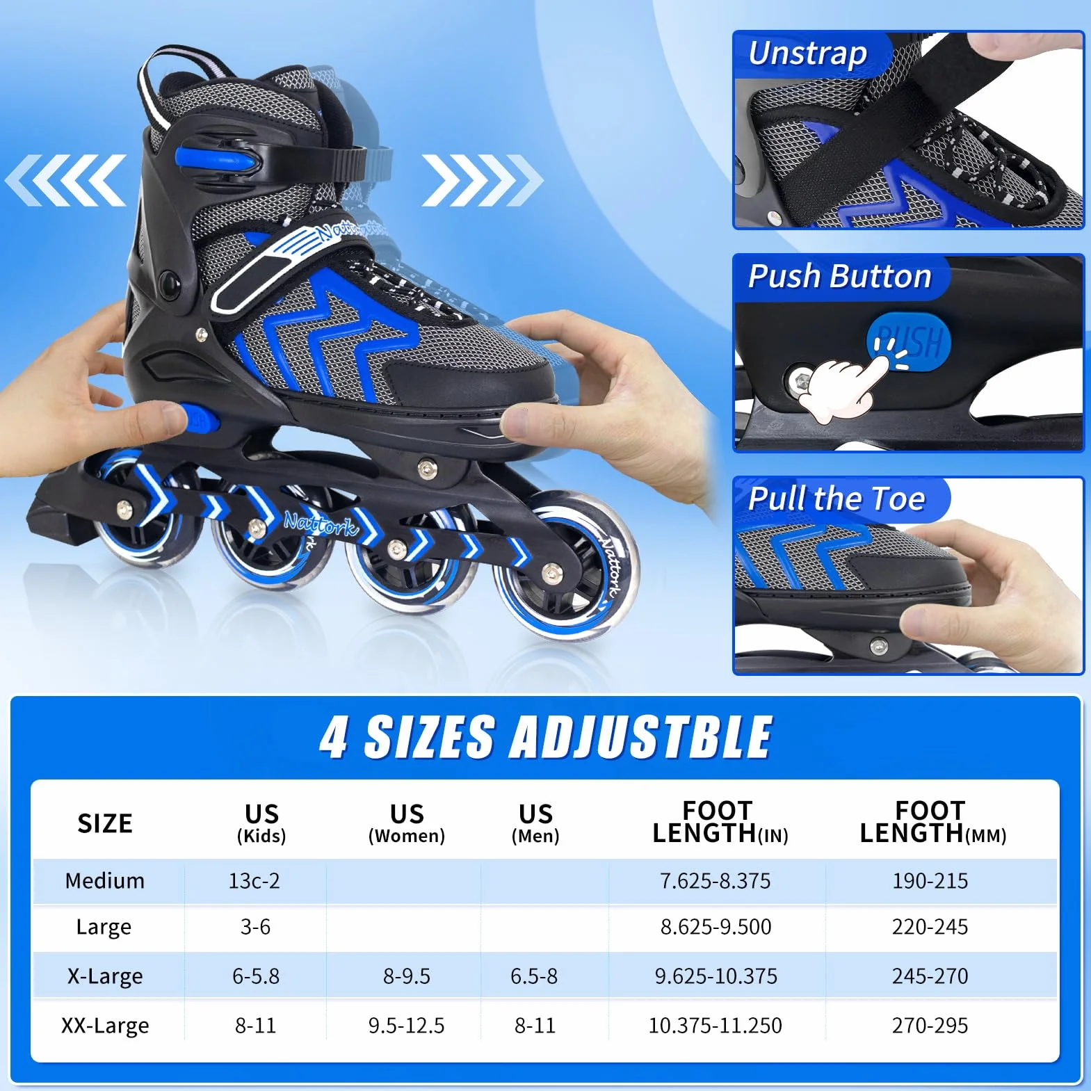 Patines en línea para niños Adultos, 4 Tamaño Ajustables Patines de Rodillos para Niños y Niñas, Patines en línea para Hombres Mujeres