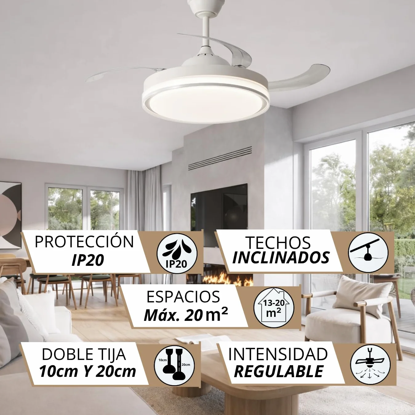 NARVI Ventilador de Techo Blanco con Luz LED Regulable, Motor DC 30W Silencioso de Bajo Consumo, Lámpara Ventilador con Mando a Distancia, 3 Aspas Retráctiles, Función Invierno Verano, LOVANIA 1576 WH