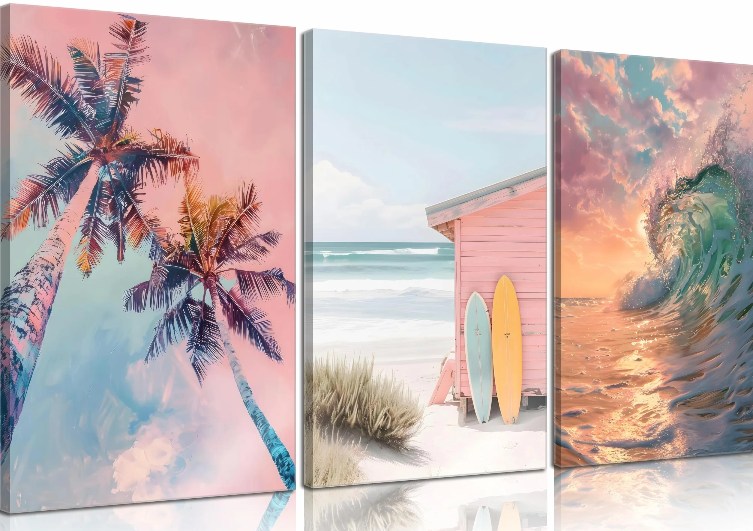 3 lienzos de surf costeros de verano, pintura de playa tropical, decoración de pared, palmeras, tabla de surf, olas, póster impreso para baño, dormitorio, decoración del hogar, sin marco, 20 x 30