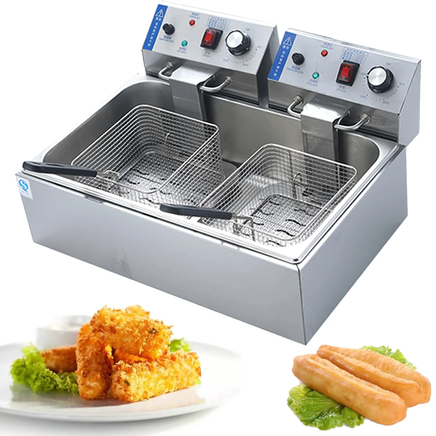 Freidora de acero inoxidable con cesta de aceite, tapa de ventana de acero inoxidable pulido elemento calefactor de inmersión extraíble con control de temperatura para comercial o