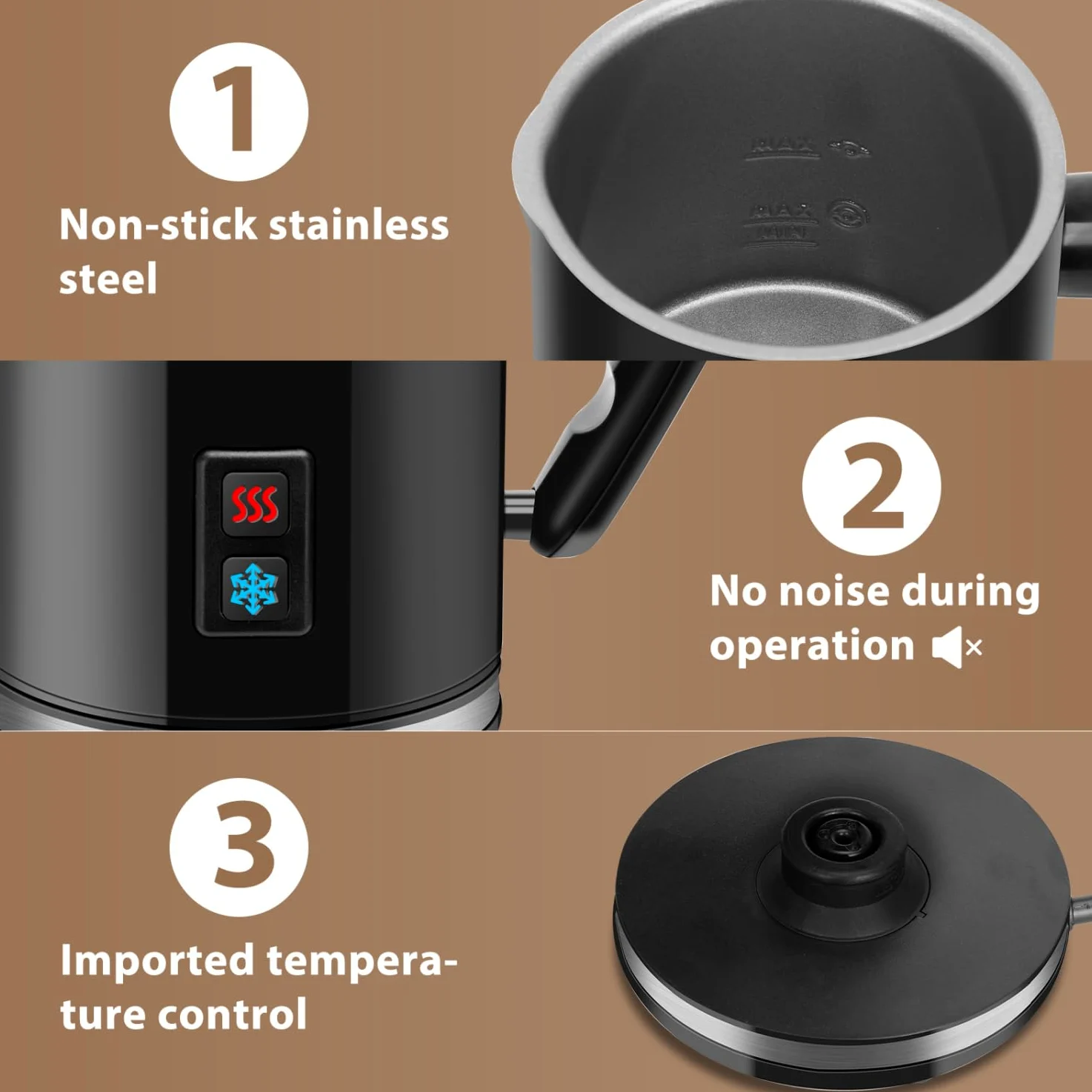 Aigostar Capu - Espumador de Leche Eléctrico 500W, 3 modos Espuma Leche Caliente/Fría para Café, Latte, Cappuccino,Chocolate, 115ml/240ml, Recubrimiento Antiadherente, Silencioso, Negro, 2 Pack