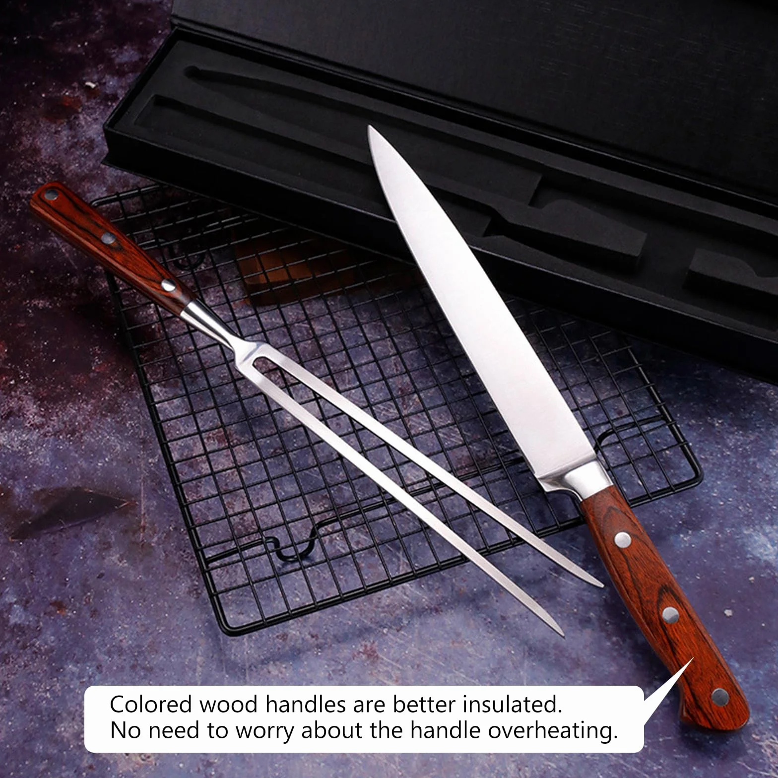 Set 2 Utensilios Barbacoa, Utensilios para Barbacoa de Acero Inoxidable, Cuchillo de trinchar y tenedor de 2 piezas, Mango de Madera 100% natural, Cuchillo para Carne y Tenedor para Carne