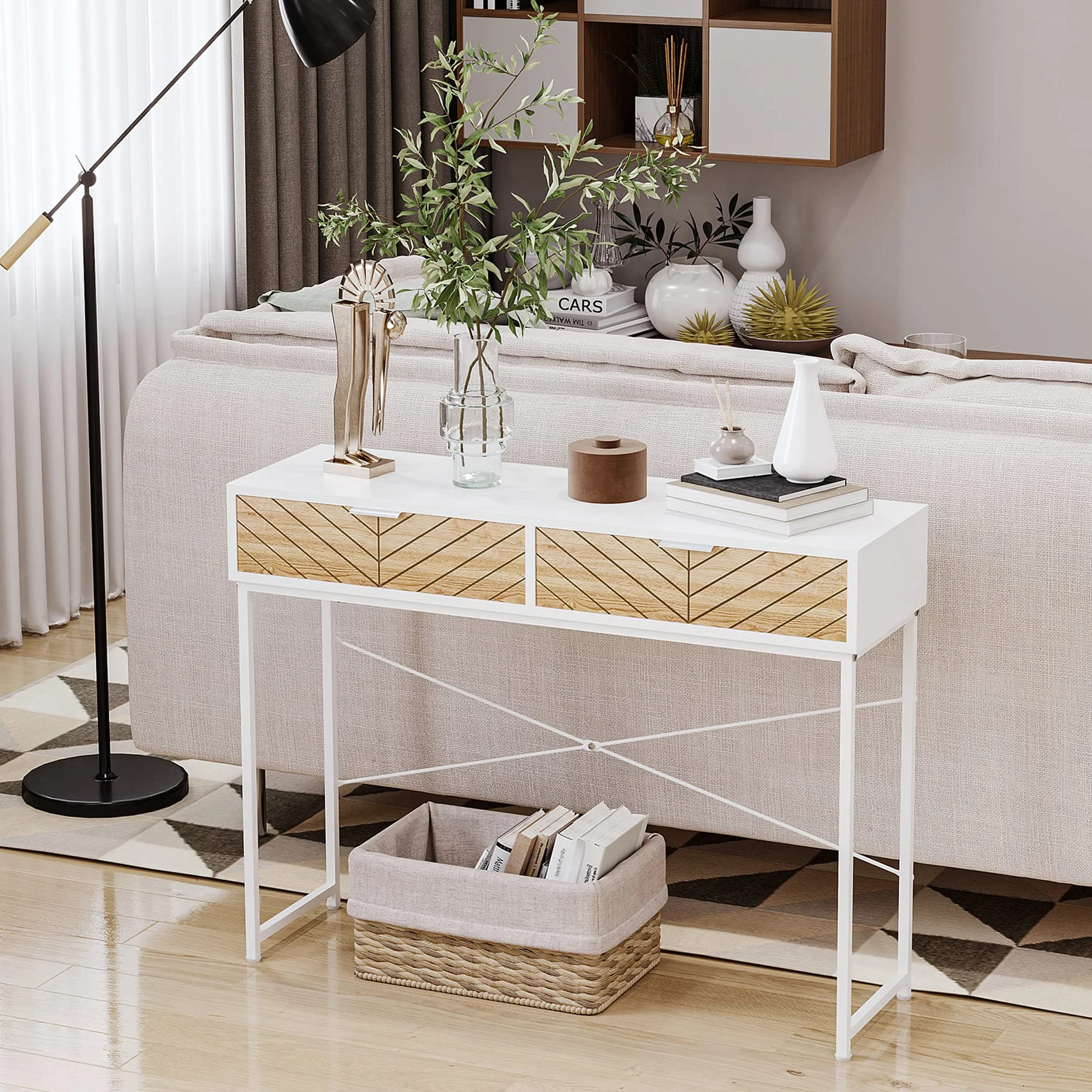 HOMCOM Mesa de Consola Estrecha Mueble Recibidor Mesa de Sofá con 2 Cajones Diseño de Líneas Talladas Estilo Moderna para Pasillo Entrada Salón Dormitorio 100x30x75 cm Blanco y Roble