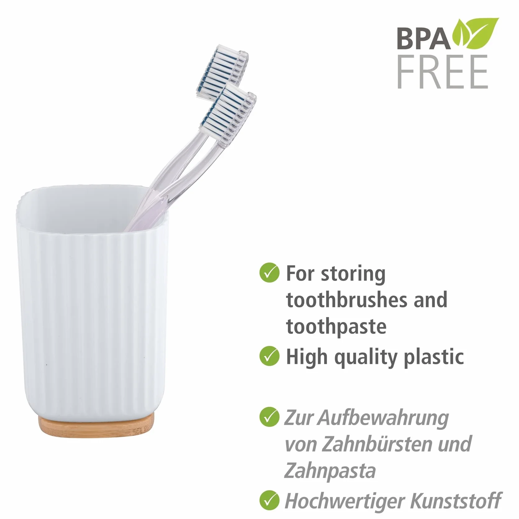 WENKO Vaso para el cepillo de dientes Rotello, portacepillos de plástico py base de bambú, para guardar utensilios, estructura acanalada de fácil sujeción, Ø 8,6 x 11,1 cm, blanco/natural