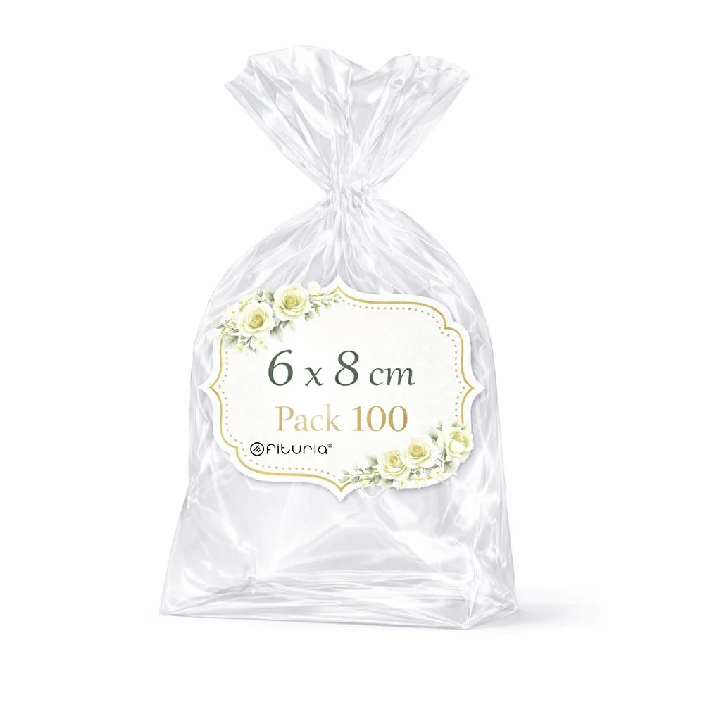 Ofituria Bolsas Celofán Transparente 6 x 8 cm, Bolsas Transparentes para Chuches y Regalos – Bolsas Plastico Transparente para Cumpleaños Infantiles, bombones y Detalles, 1 Pack (100 Bolsas)