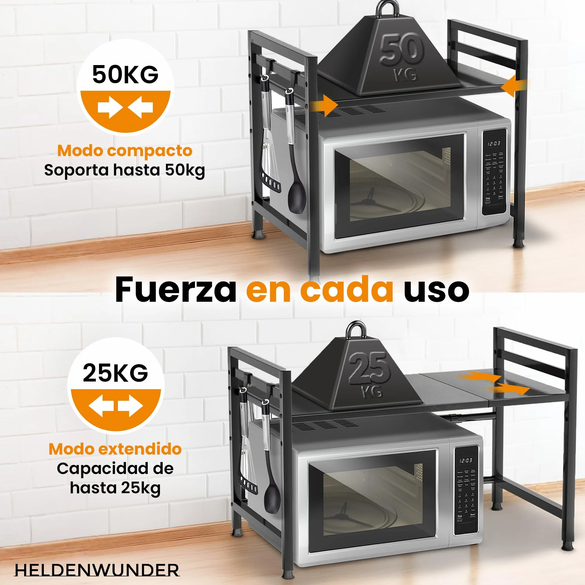 Heldenwunder Estantería Microondas Estantes Cocina Acero (2 Niveles) | Mueble Microondas Horno Estanterias Almacenaje Organizador Estante Panadería Ajustable + Instrucciones en Vídeo, Ganchos – Negro