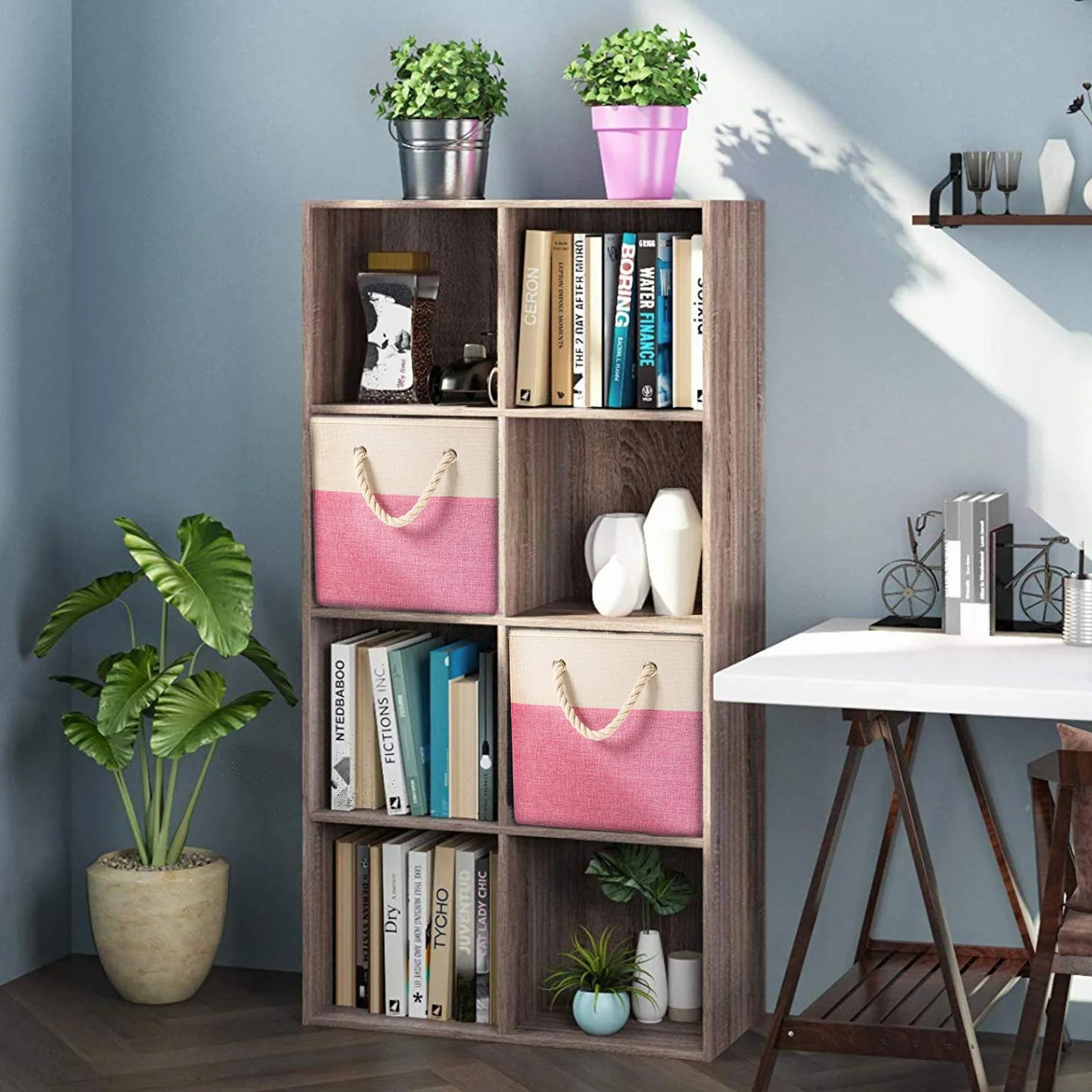 Prandom Cubos de almacenamiento plegables grandes de 33x33x33 cm [paquete de 4] Cajas de almacenaje de lino de tela Cubos Cajón con asas de algodón Organizador para estantes Rosa