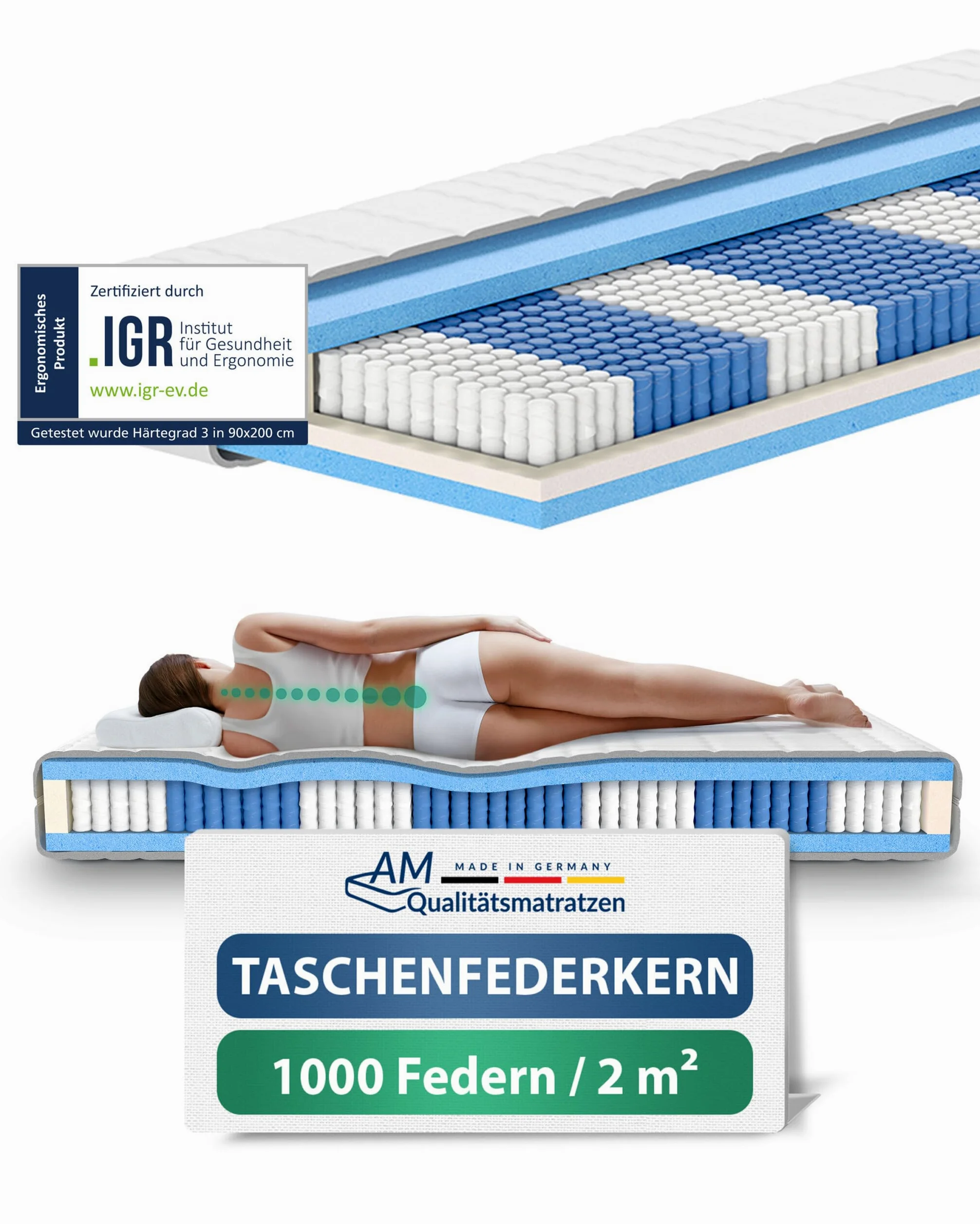AM Qualitätsmatratzen Colchón 180x220 muelles ensacados Deluxe - firmeza Media - colchón muelles ensacados 180x220-1000 muelles y Funda Lyocell - 24 cm de Altura y 7 Zonas - Certificado Oeko-Tex