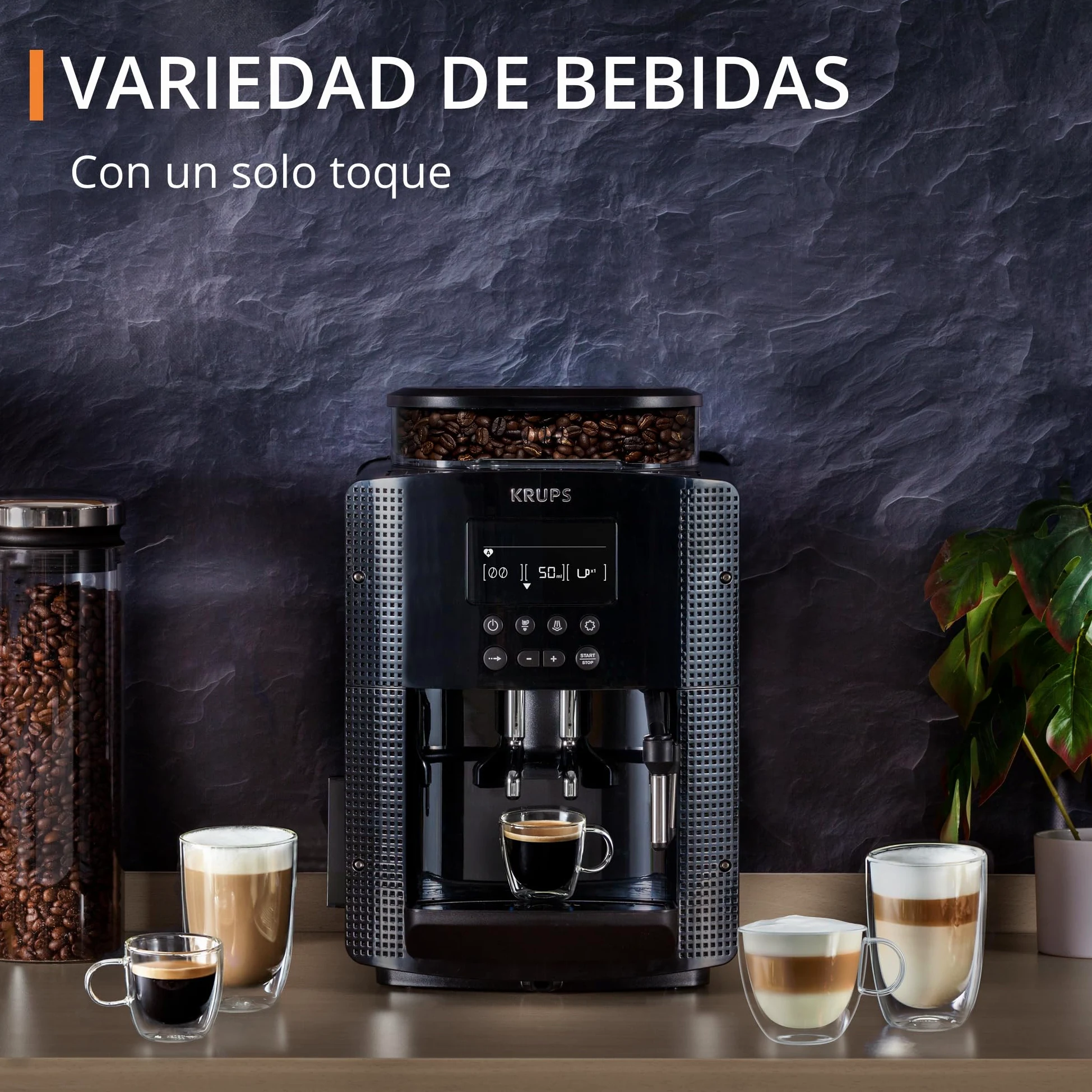 Krups EA8150 Cafetera Automática 15 Bares de Presión, 3 Niveles de Intensidad, Programa Automático de Limpieza, Molinillo Integrado, Pantalla LCD, Ajustable de 20 ml a 220 ml, Tamaño único