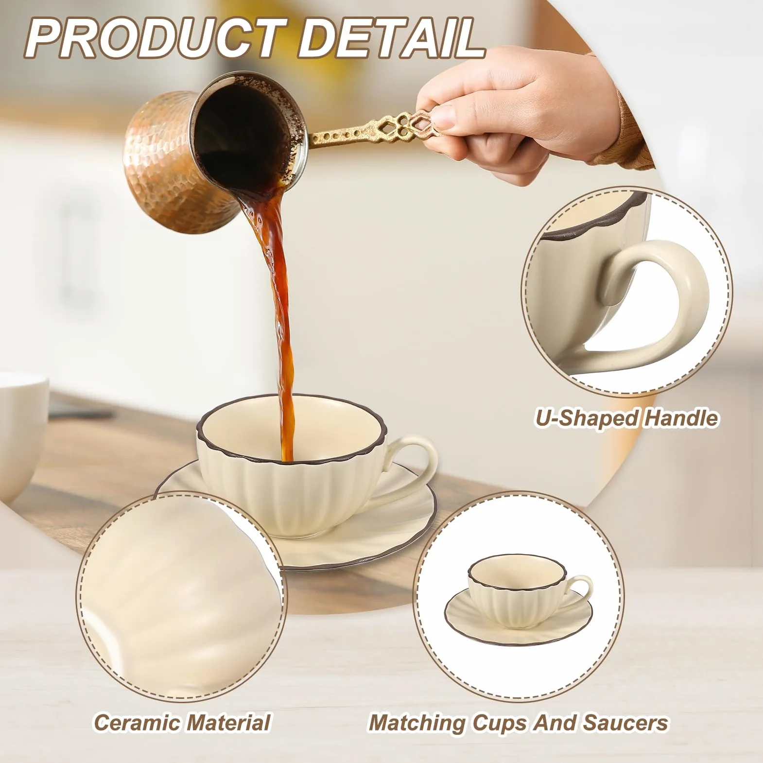 QUARKZMAN Tazas De Espresso Vintage Hechas A Mano Taza De Té Cerámica Beige | Tazas De Café Y Platillos De 8 Oz, Con Asa, Seguras Para Lavavajillas Y Microondas, Para Latte, Hogar, Regalos