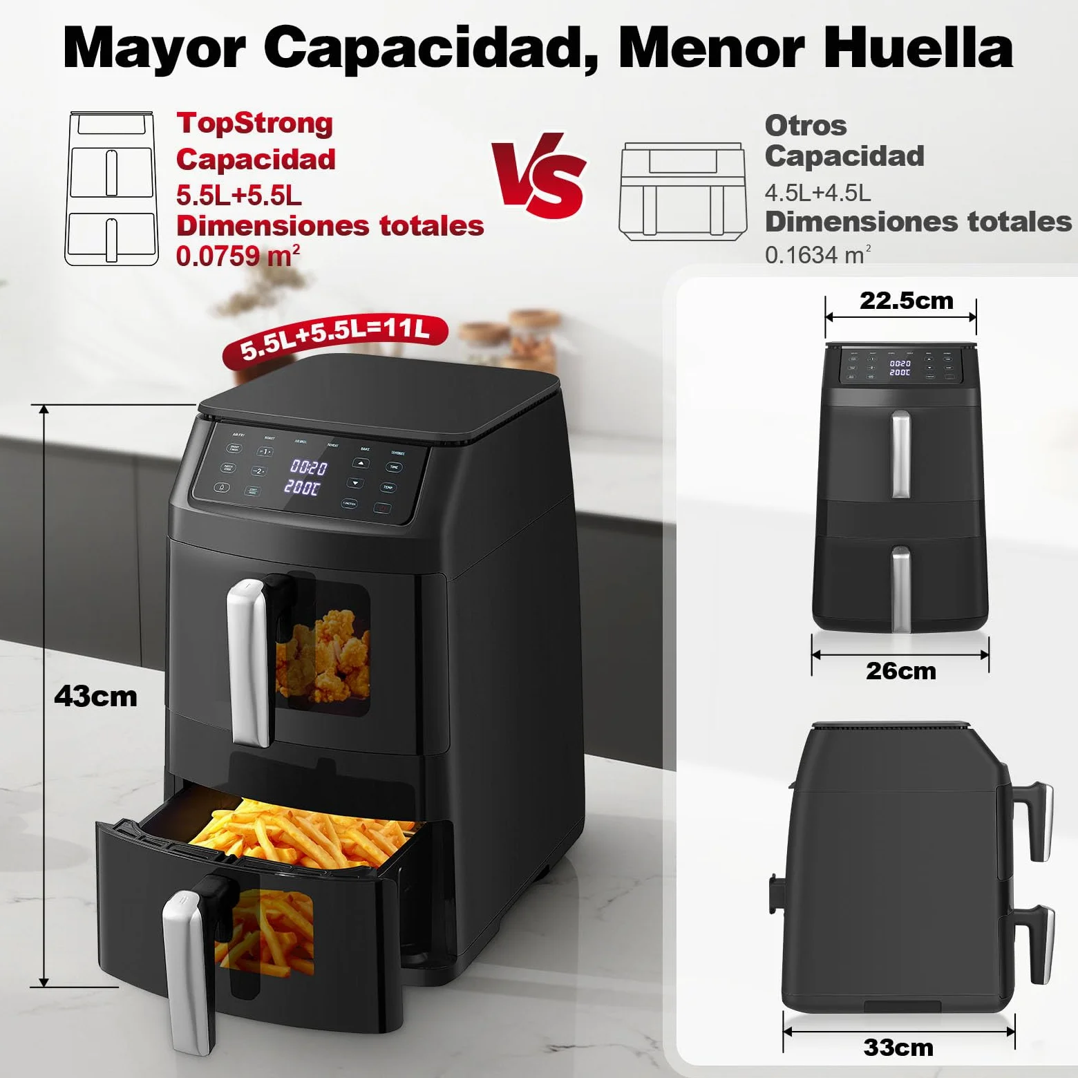 TopStrong Double Stack Freidora de aire, 11 L Air Fryer Doble Cesta Vertical, 40℃-220℃, 6 Funciones de Cocción & 8 Programas Preconfigurados, Ahorrar Espacio, 2500W (Negro Ventana)