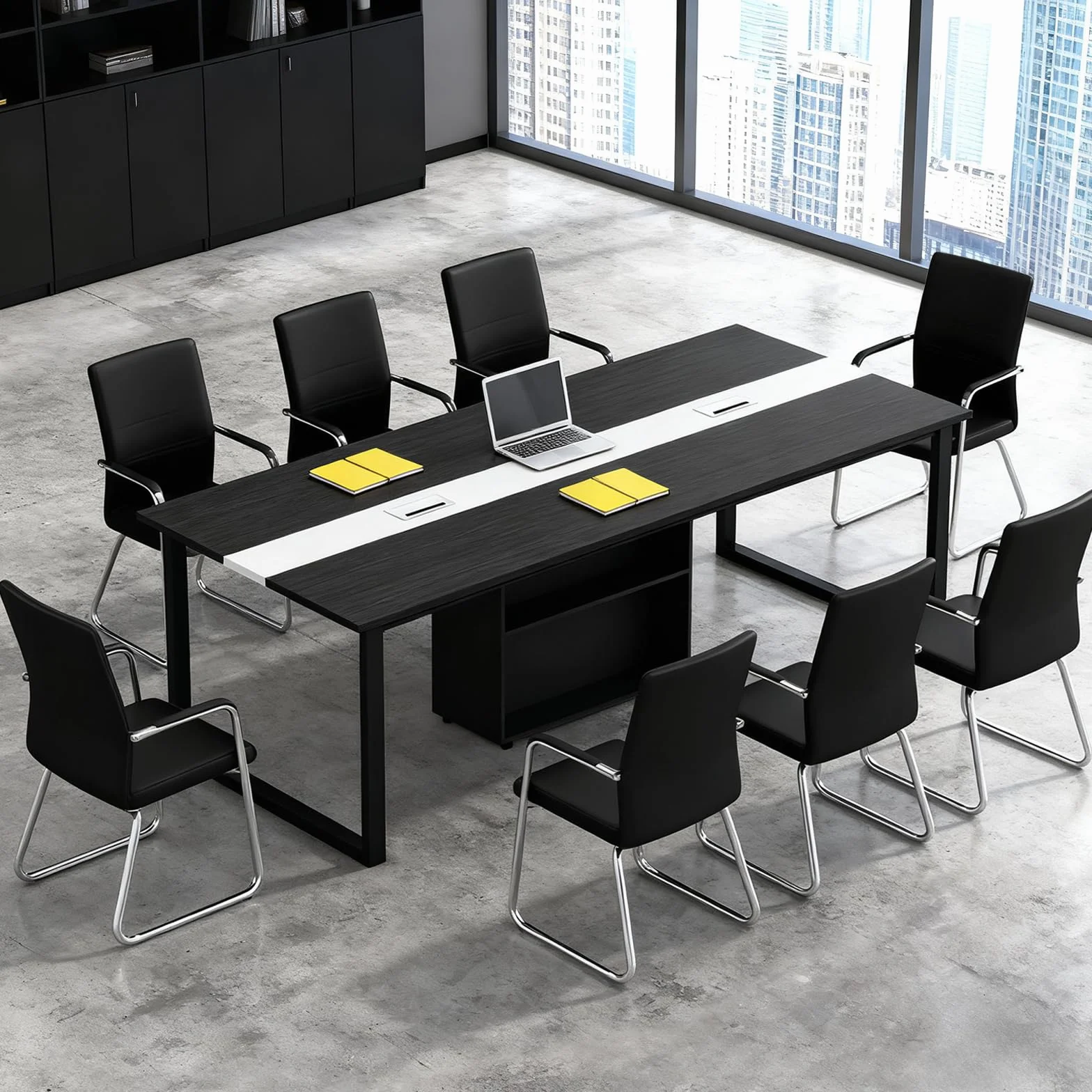 Mesa de Conferencias Grande con Módulo de Almacenamiento — Mesa de Reuniones Moderna 8–12 Personas, Estructura Metálica Negra, Ideal para Oficinas, Salas de Reuniones y Seminarios