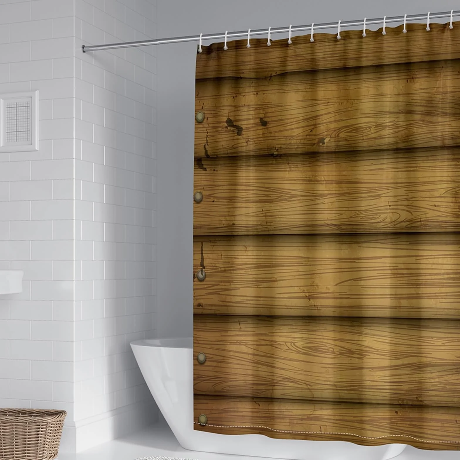 Cortina de ducha con anillas, poliéster amarillo trigo de madera horizontal cortina de ducha con grommets y ganchos, 165 x 180 cm