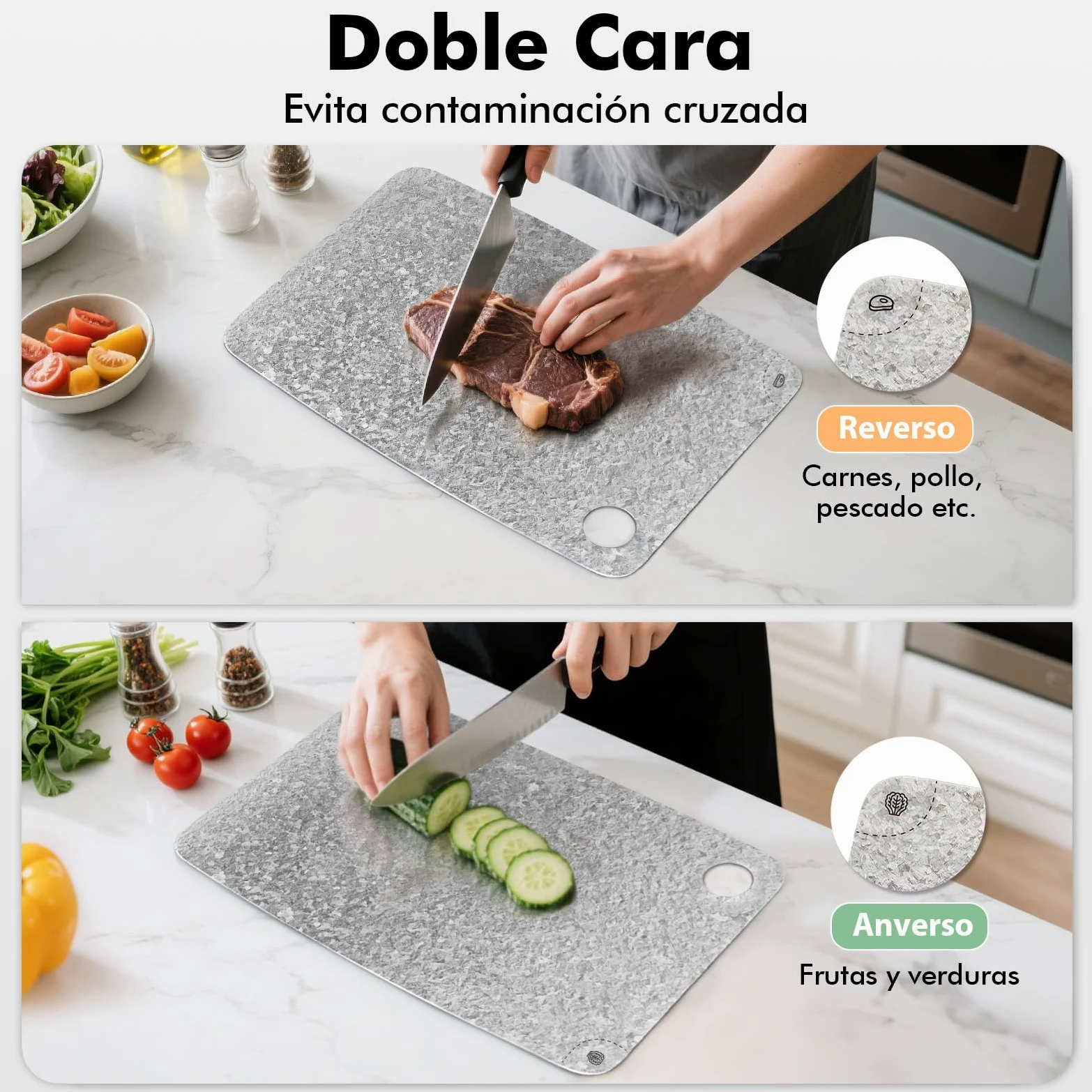 Tabla de cortar de titanio puro 100%, 40 x 28 cm | Tabla doble cara para carne y verduras, sin BPA, lavavajillas, ligera, compacta y fácil de limpiar