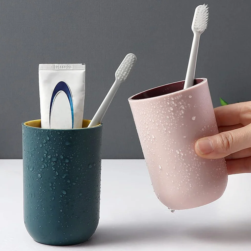 4 Vasos de Dientes de Plástico para el Cuarto de Baño, Vasos Reutilizables, Vasos Multifuncionales (Gris Claro, Azul Oscuro, Rosa Claro, Verde Claro)