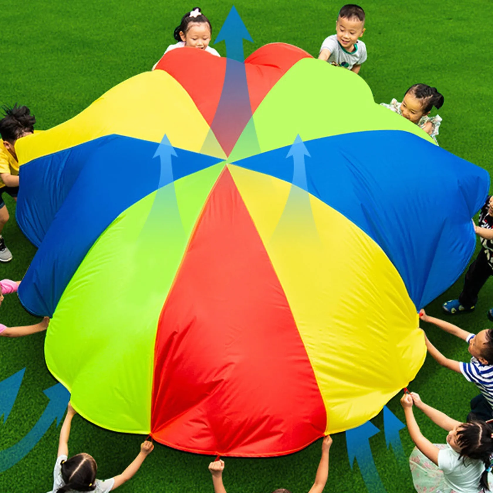 Paracaídas para niños arcoíris 10 pies juegos cooperativos gimnasia juguetes multicolores 10-16 niños
