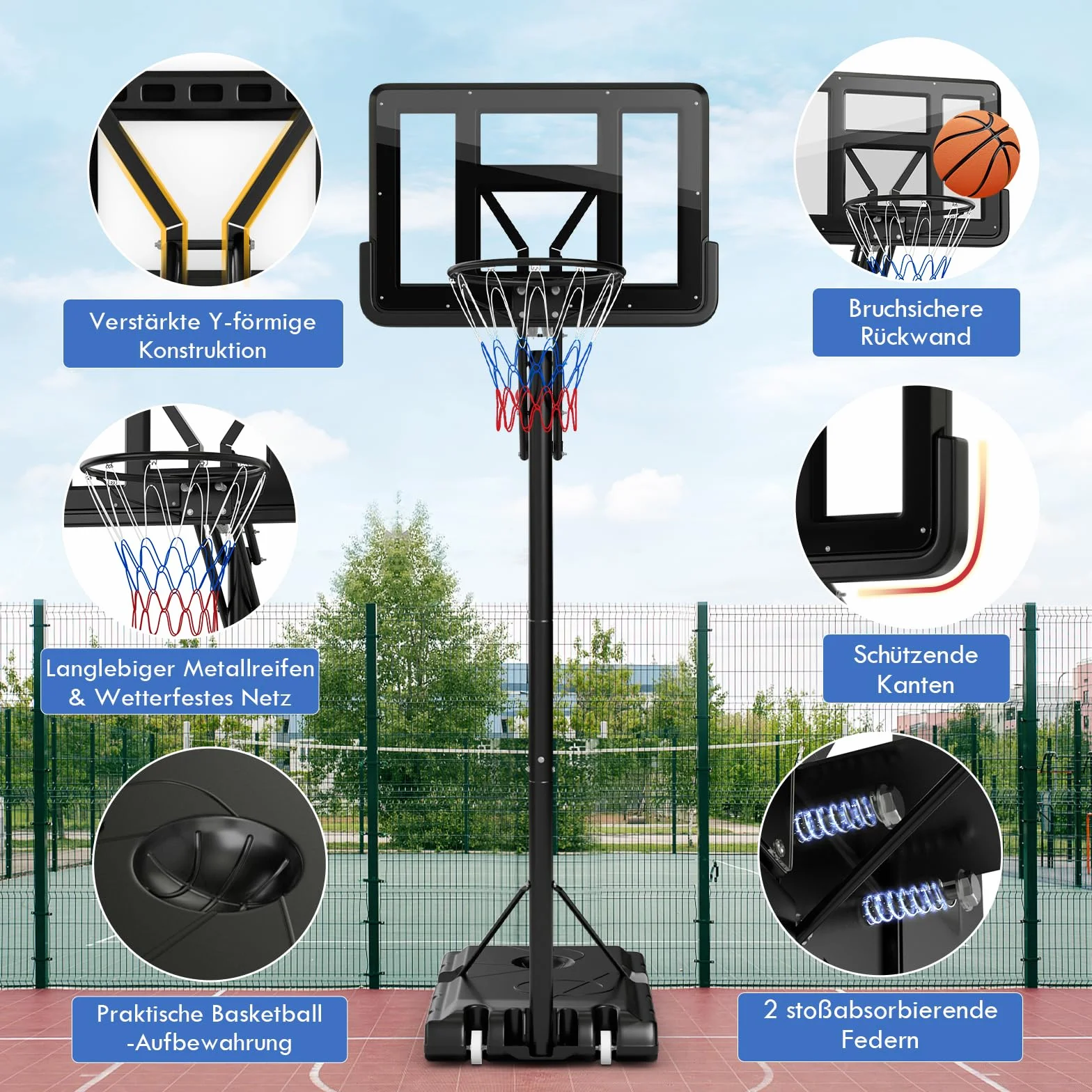 GOPLUS Canasta de Baloncesto Portátil Altura Ajustable 245-305 cm Base Rellenable Exteriores Interiores