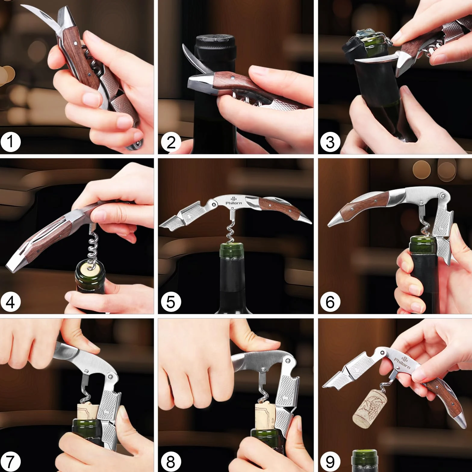 PHILORN Sacacorchos Profesional, Abridor Vino de Palo de Rosa Natural y Acero Inoxidable Premium, Ebook de Vino Gratis, Foil Cortador, Abrebotellas, Todo en 1, Mejor Elección de Camarero, Sommelier