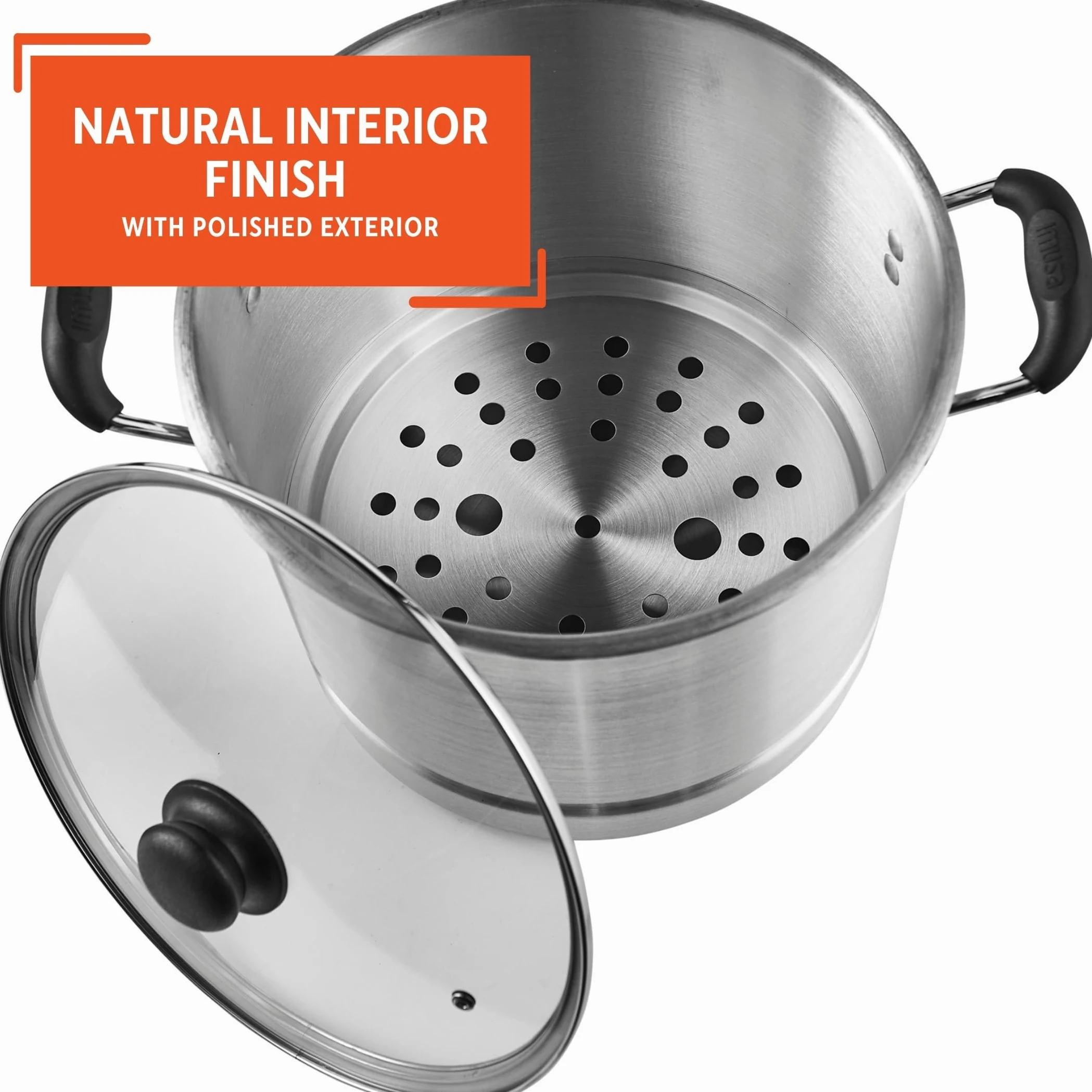 Imusa 10 Quart Aluminio Cool Touch Accesorio para cocinar al Vapor con Tapa de Cristal, Color Plateado