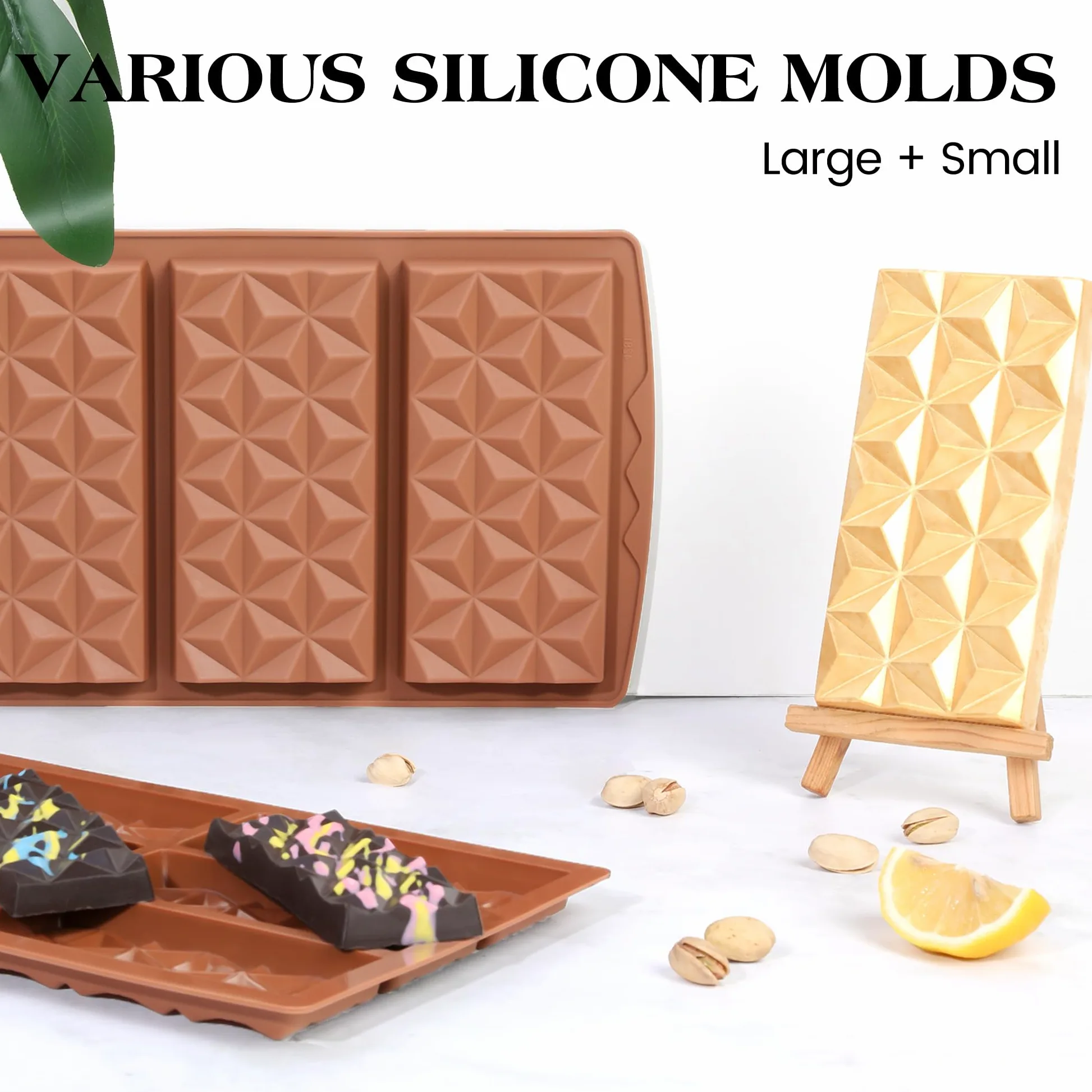 2 moldes de silicona de relleno grande para barra de chocolate de Dubái, para rellenar Knafeh Pistacho, barra de chocolate, moldes gruesos para caramelos, se rompen (forma de pirámide)