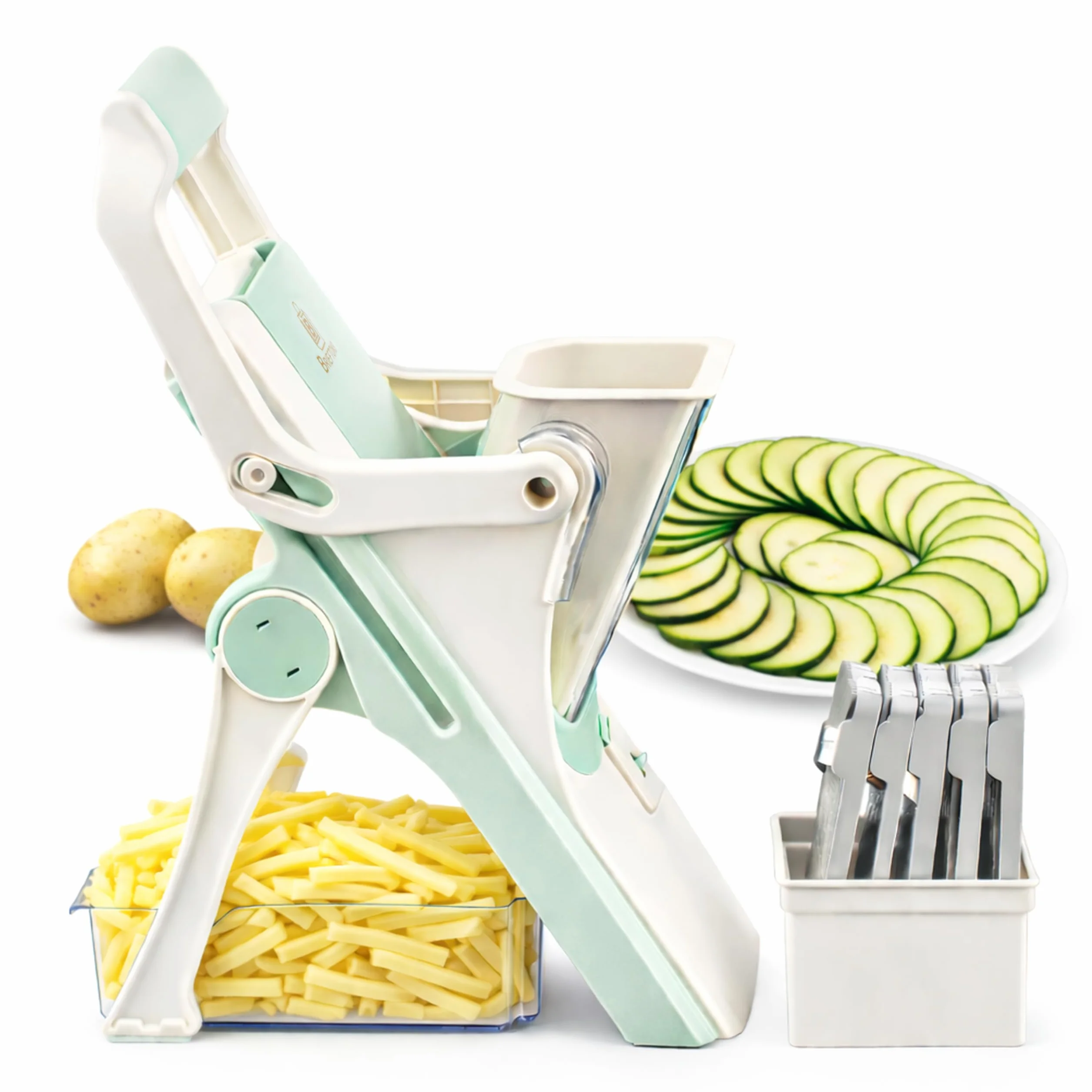 Once for All - Cortador de mandolina más seguro con 4 modos de corte y 40 niveles de grosor para rebanar, dados, picar, juliana, verduras con virutas, diseño sin lesiones, con contenedor de captura