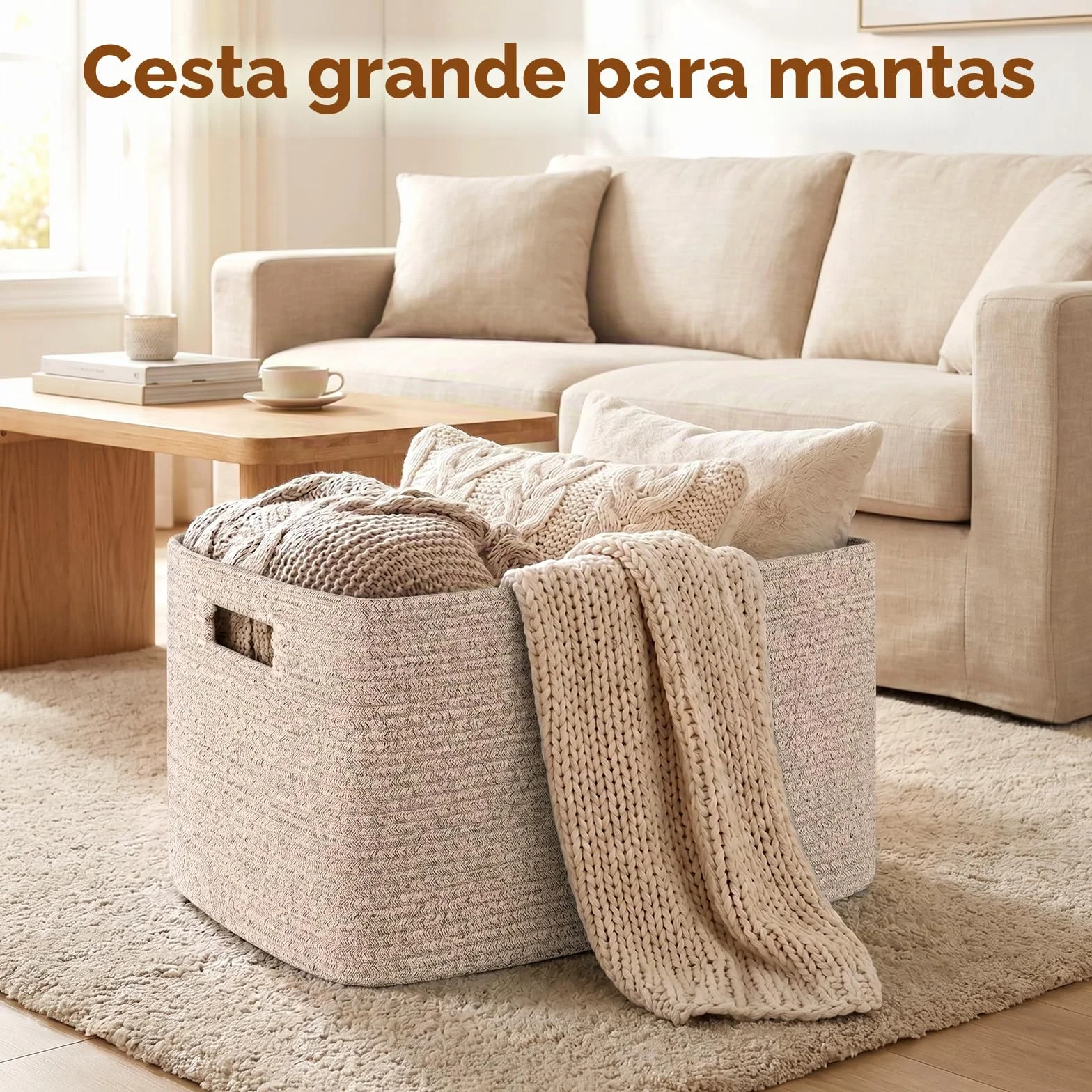 OIAHOMY Cesta grande con asa para almacenamiento de mantas, tejida con cuerda de algodón, 75 litros, 55,88 x 43,18 x 30,48 cm, para sala de estar, para juguetes, habitación infantil, marrón veteado
