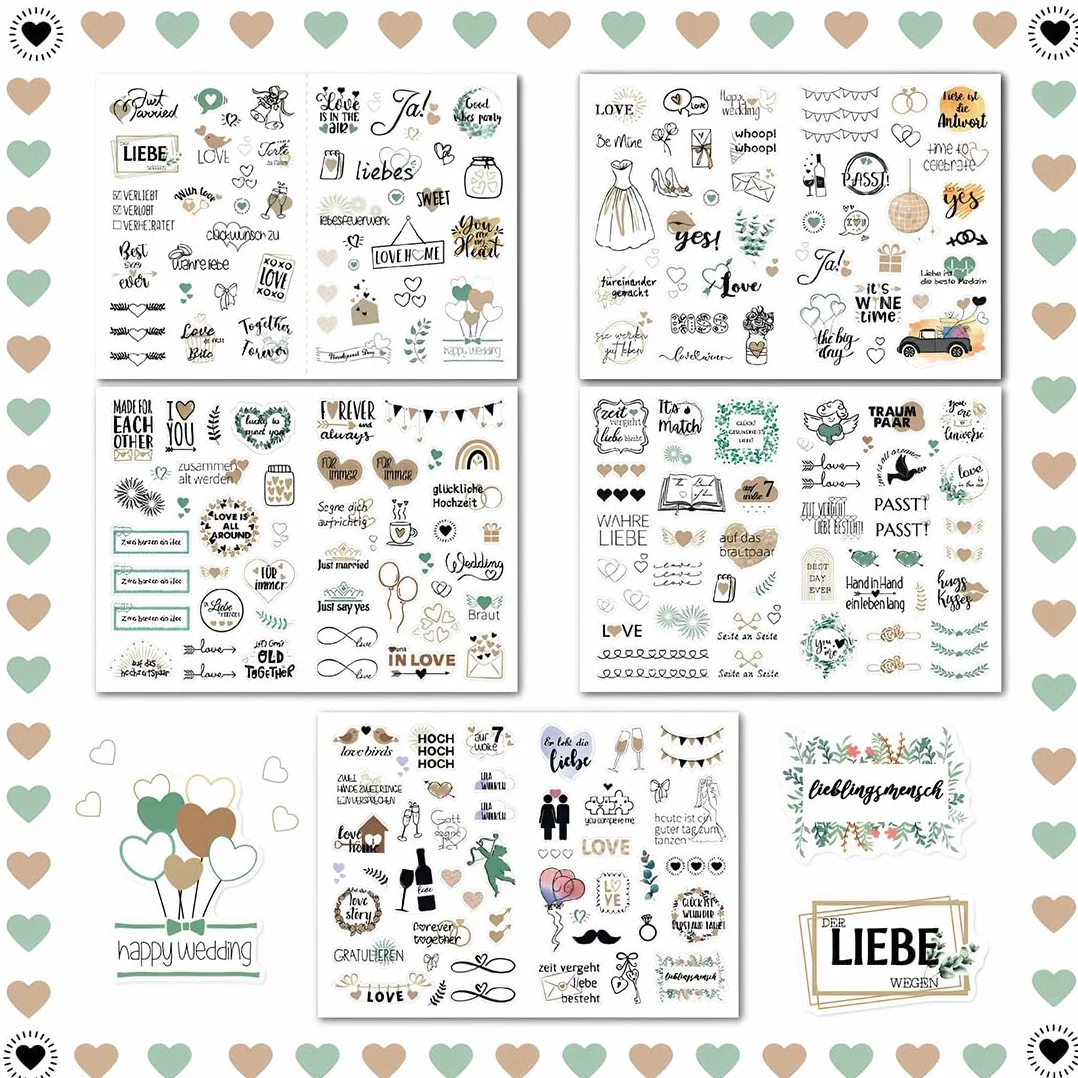 Pegatina libro de visitas boda (5 hojas 266 pegatinas), pegatinas de boda vintage para libro de visitas o álbum de fotos con mucho amor (alemán&inglés, Estilo verde dorado)