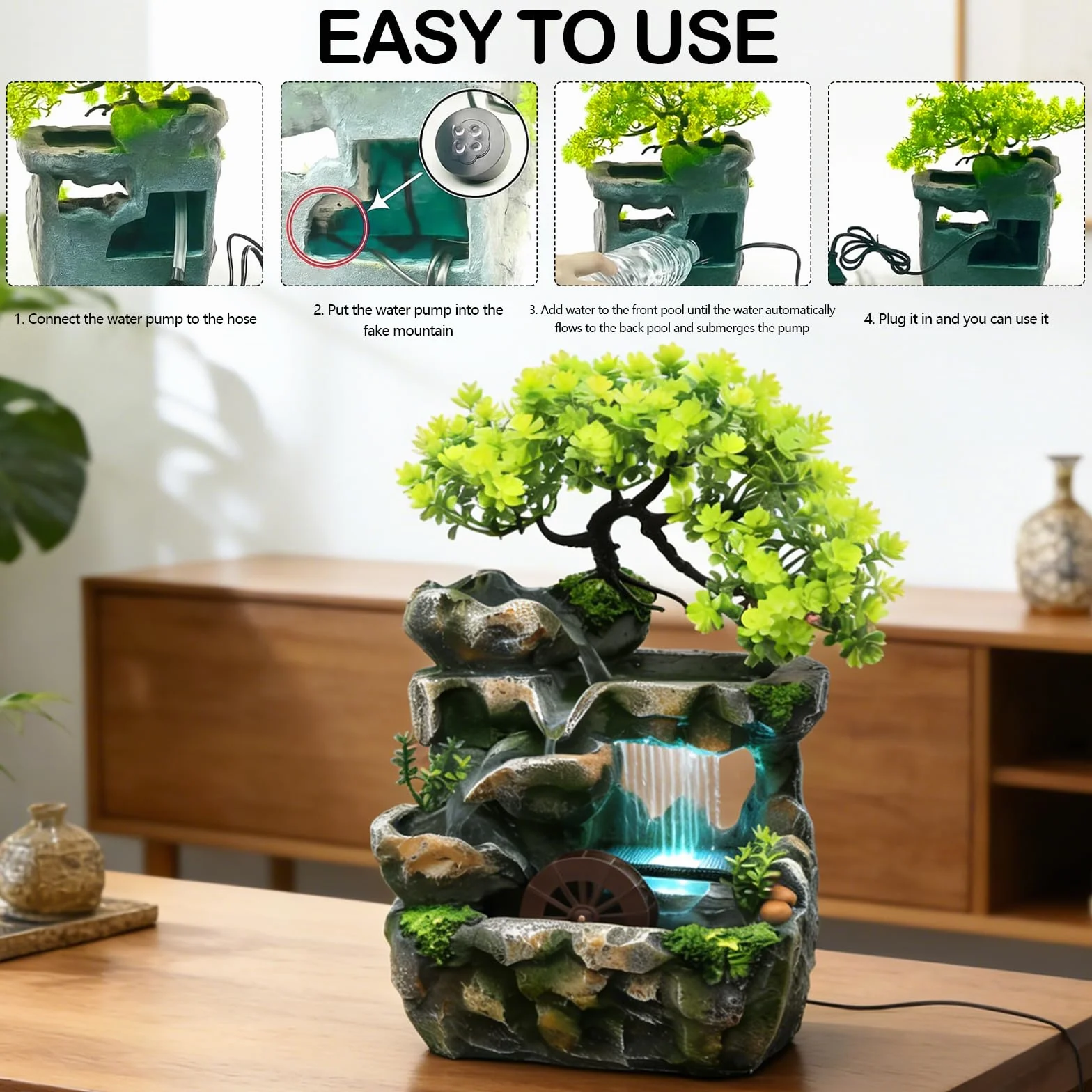Fuente Agua Decorativa, Fuente de Interior con Iluminación LED Fuente de Mesa de Resina Cascada de Meditación Zen con Rueda Feng Shui Bomba Silenciosa Decoración de Mesa para Escritorio