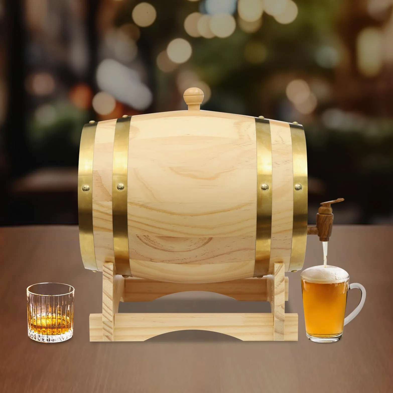 Barril de vino de 5 l, madera de pino con grifo, soporte para whisky, 30 x 28,5 cm, efecto madera, 5 l, madera de pino con grifo, soporte para vino, whisky, 30 x 28,5 cm, efecto madera