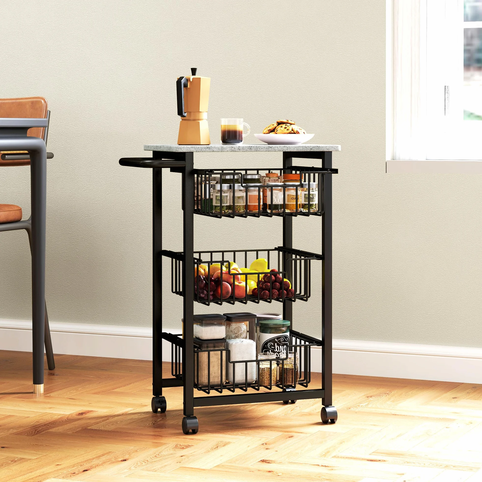 HOMCOM Carrito de Cocina Carrito Verdulero para Cocina con 3 Cestas Deslizables y Marco de Acero Carrito Auxiliar con Ruedas para Comedor 49,5x31x69 cm Gris Claro