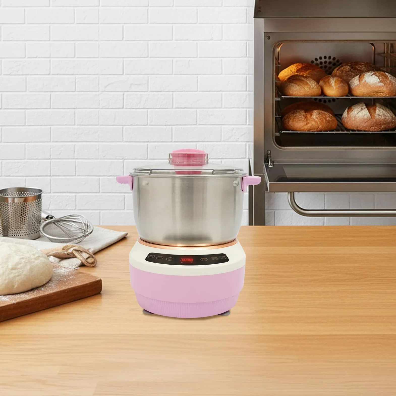 Acero Inoxidable Amasadora Eeléctrica avec Fonction Fermentation | 7 Litros Rosa Maquina de Masa, con Tapa Transparente, Diseño Silencioso, Preparación de Pan y Pasta