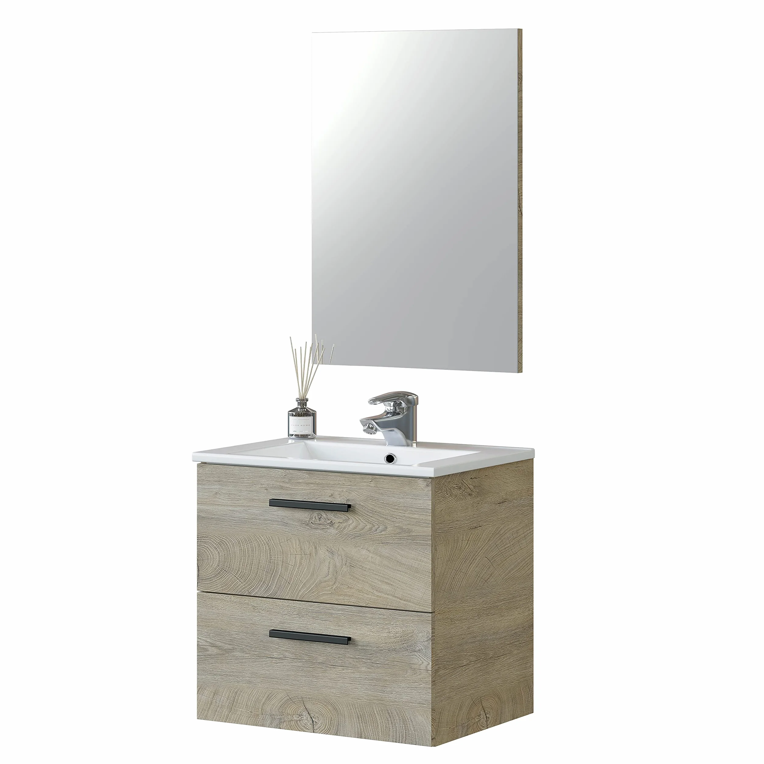 ARKITMOBEL - Mueble de Baño Suspendido 2 Cajones y Espejo, Módulo Lavabo, Color Roble Alaska, 60x57x45 cm - Modelo Aruba. (Lavabo no Incluido)