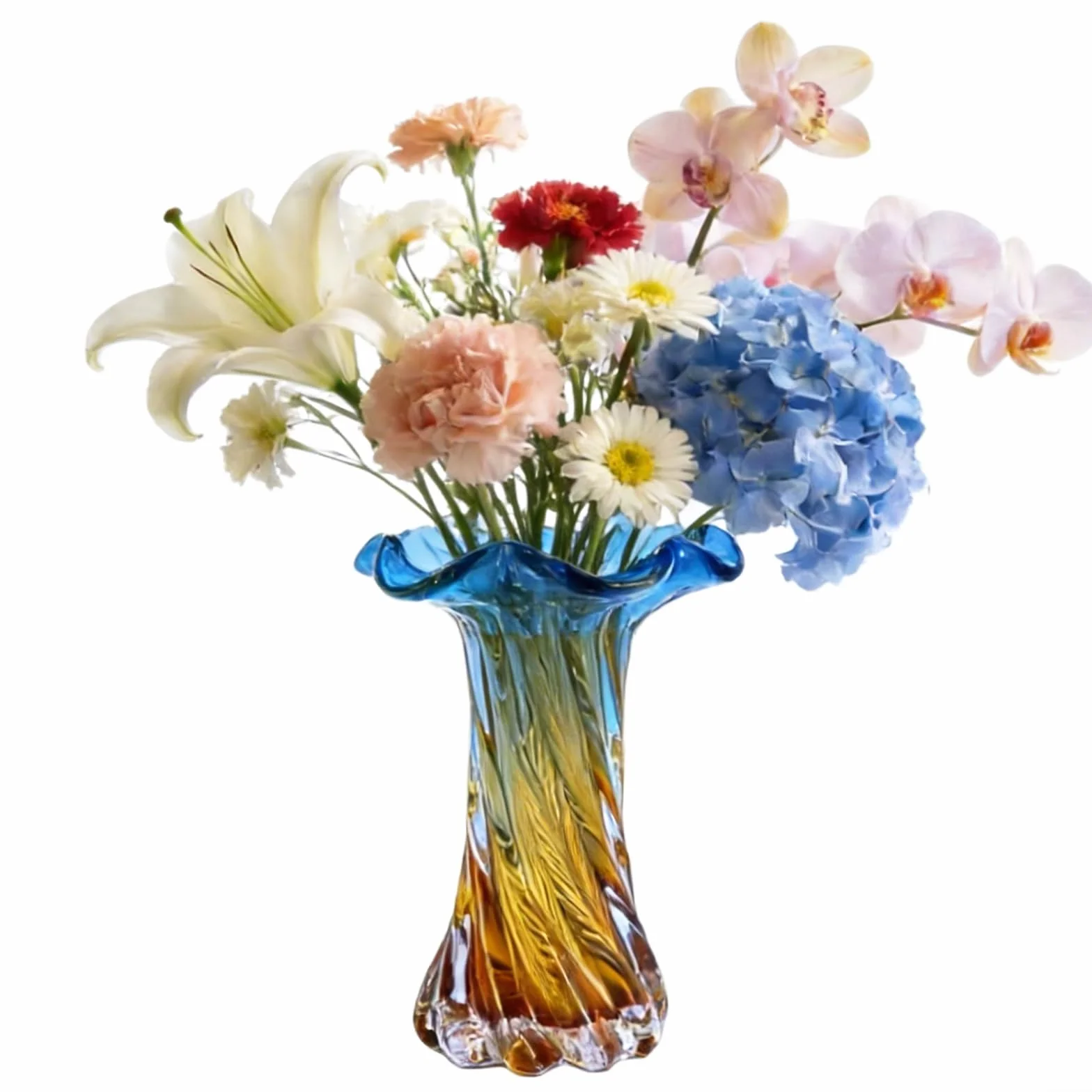 Jarrón de vidrio soplado a mano, jarrón de flores único degradado azul y dorado para centros de mesa, decoración del hogar y sala de estar, jarrón de vidrio de colores para flores