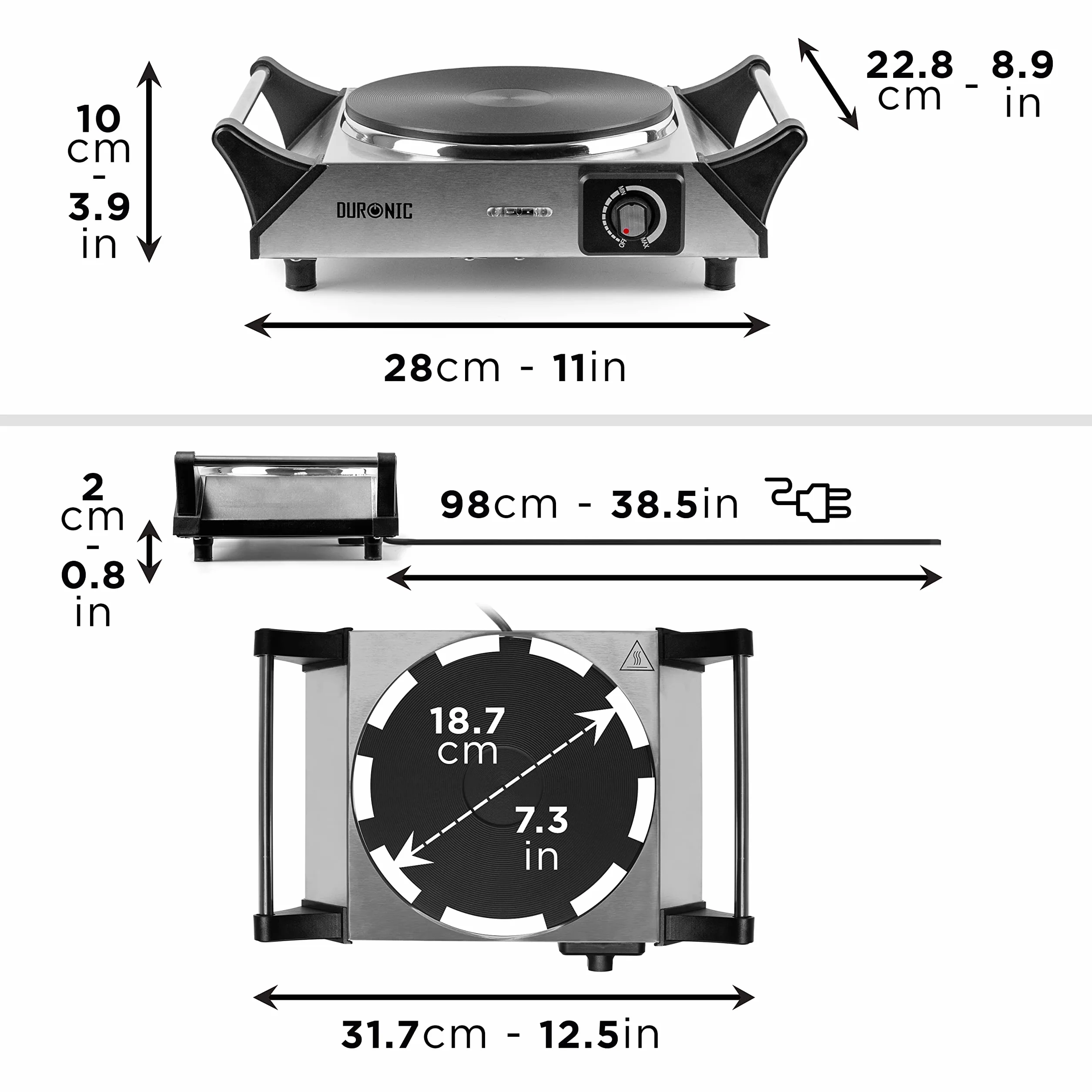 Duronic HP1 SS Hornillo eléctrico Portátil 1500W diámetro 187mm y Termostato Regulable | Placa de Cocción Eléctrica de Acero Inoxidable con Asas Calientaplatos | Ideal para camping