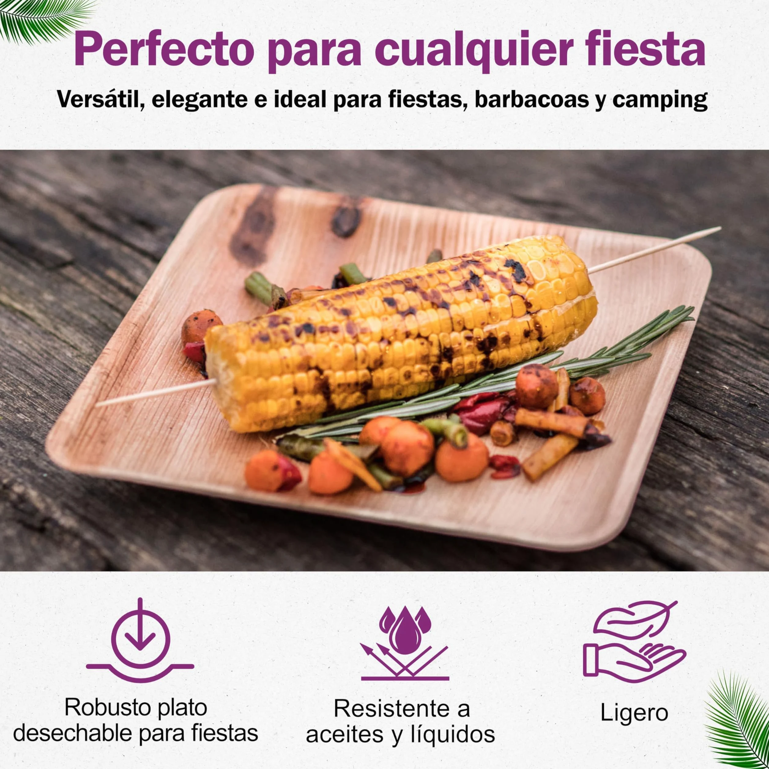 Platos Desechables Cuadrados de Hoja de Palma Orgánicos - Conjunto de 50 pz. 20x20 cm y 50 pz. 25x25 cm