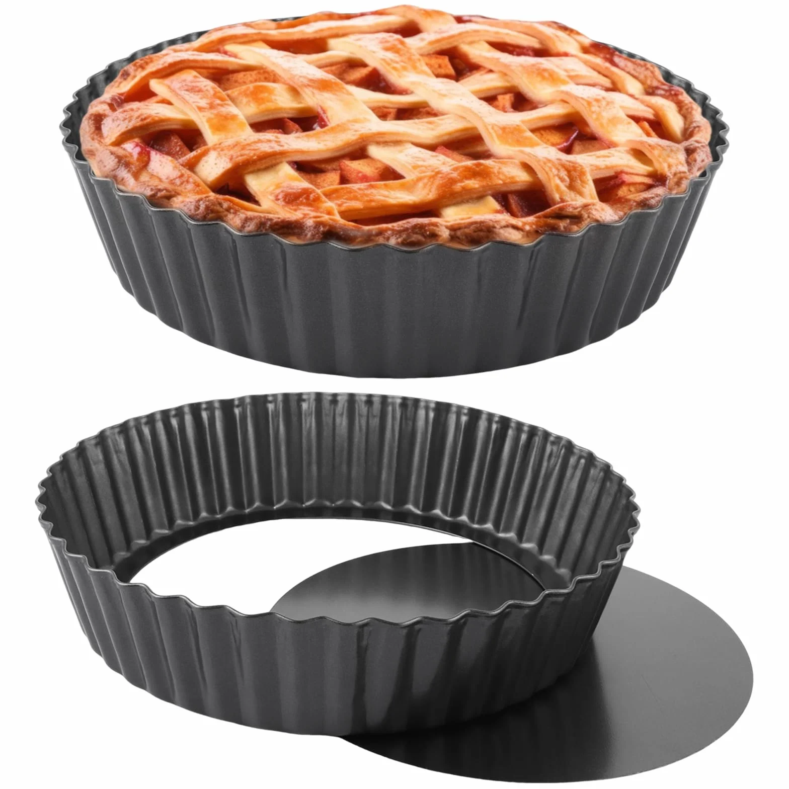 Juego de 2 moldes para tartas con base elevadora, 24 x 5 cm, antiadherente, forma de quiche, forma redonda, con base elevadora, molde para tarta, quiche, pastel