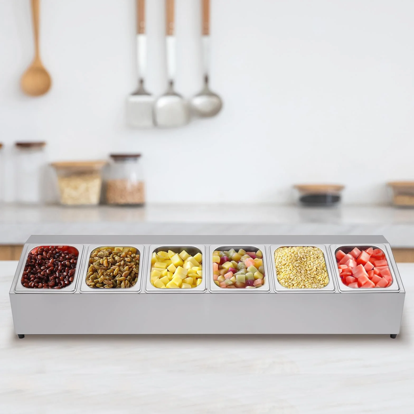Recipiente de acero inoxidable para ingredientes, contenedor de catering con patas de goma, estante para especias con 6 recipientes para alimentos y 6 tapas, recipiente para ingredientes de